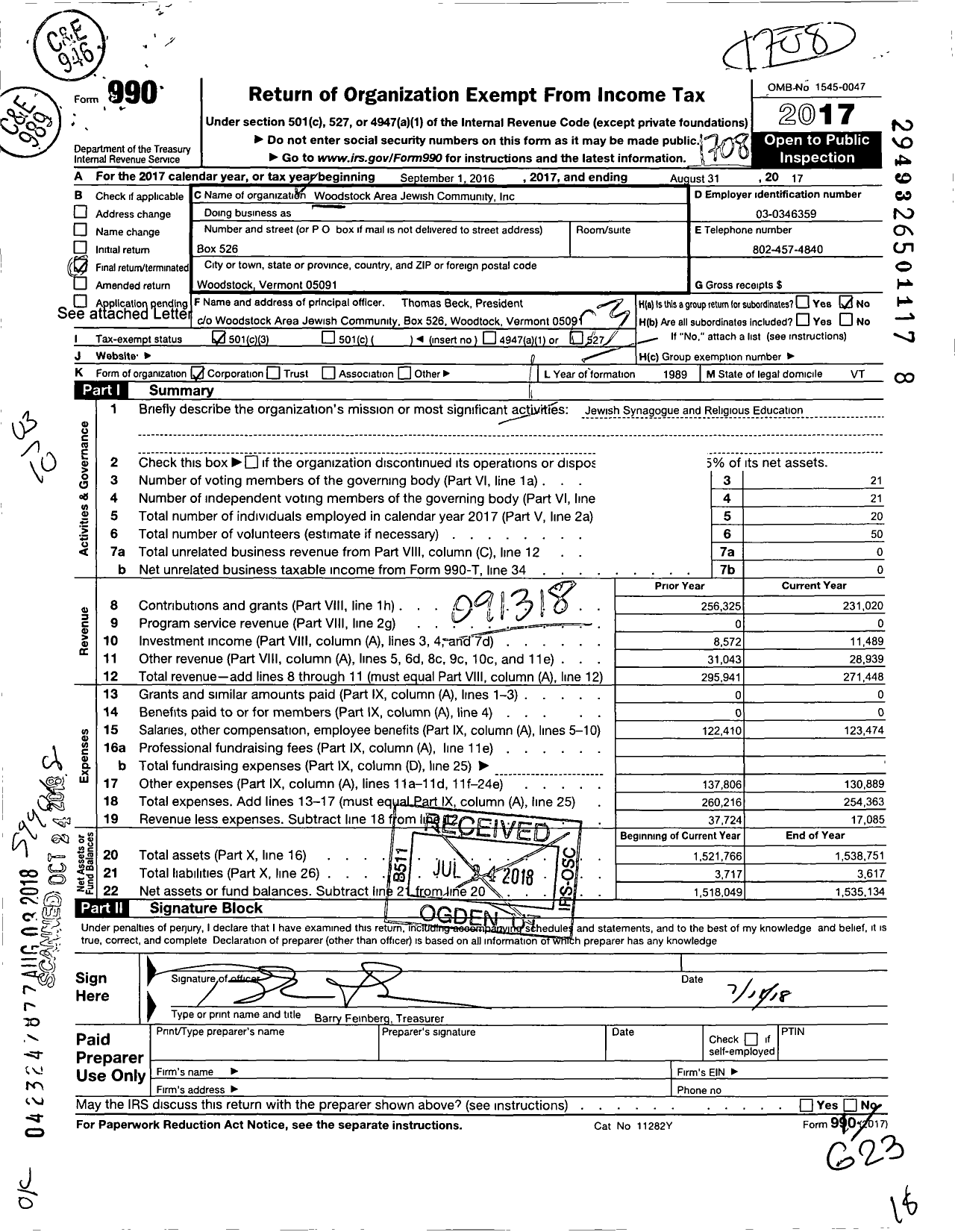 Image of first page of 2016 Form 990 for Woodstock Area Jewish Community