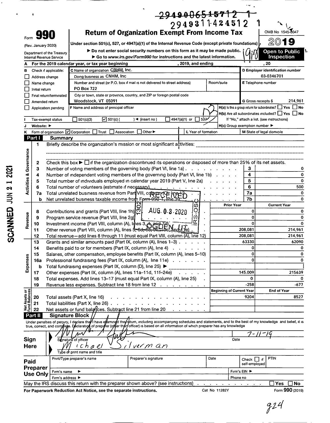 Image of first page of 2019 Form 990 for CBHM Inc Covered Bridges Half Marathon