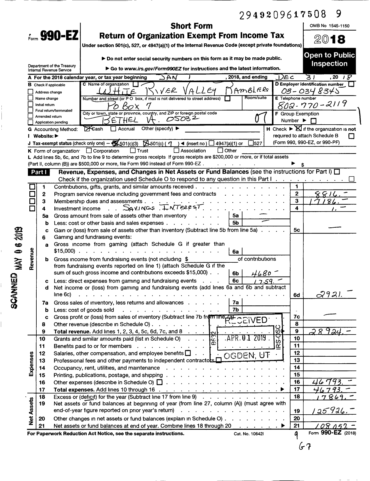 Image of first page of 2018 Form 990EO for White River Valley Ramblers