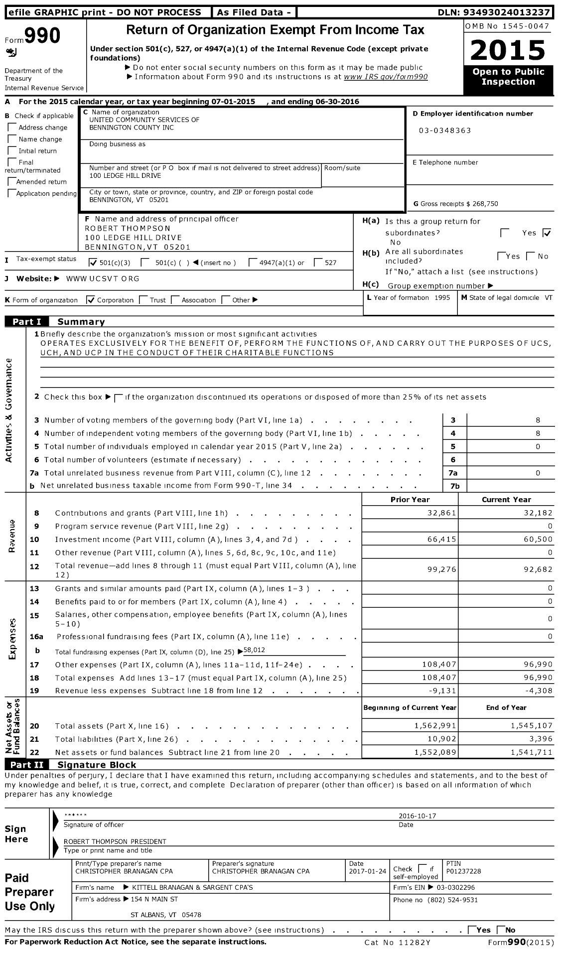 Image of first page of 2015 Form 990 for United Community Services of Bennington County