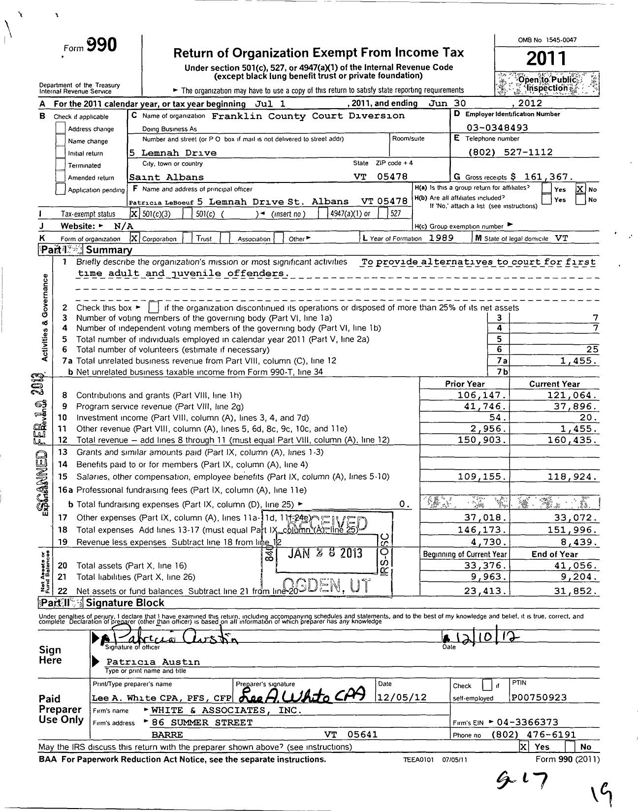 Image of first page of 2011 Form 990 for Franklin County Court Diversion