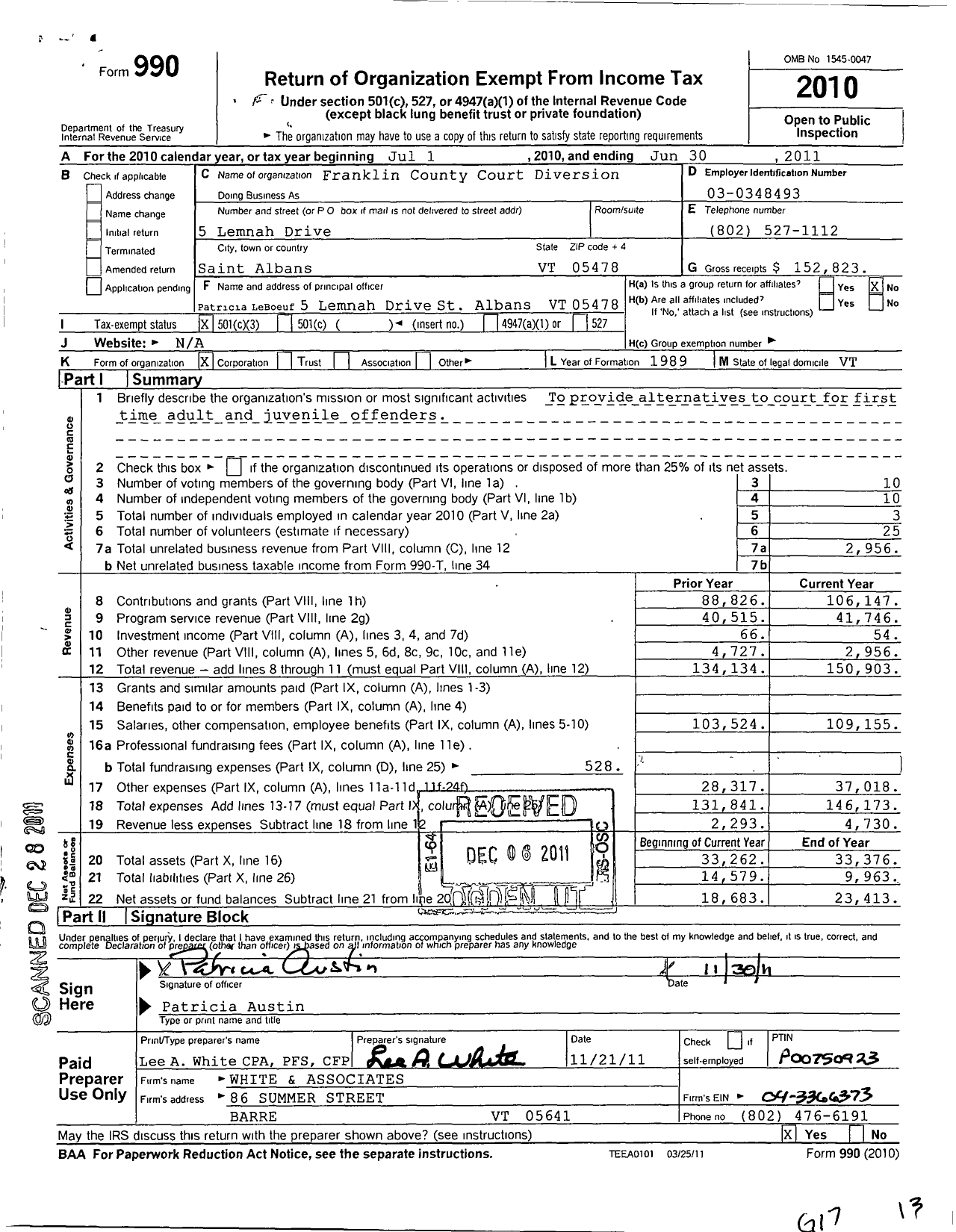 Image of first page of 2010 Form 990 for Franklin County Court Diversion