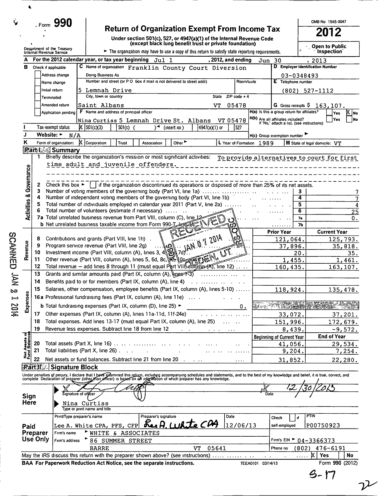 Image of first page of 2012 Form 990 for Franklin County Court Diversion