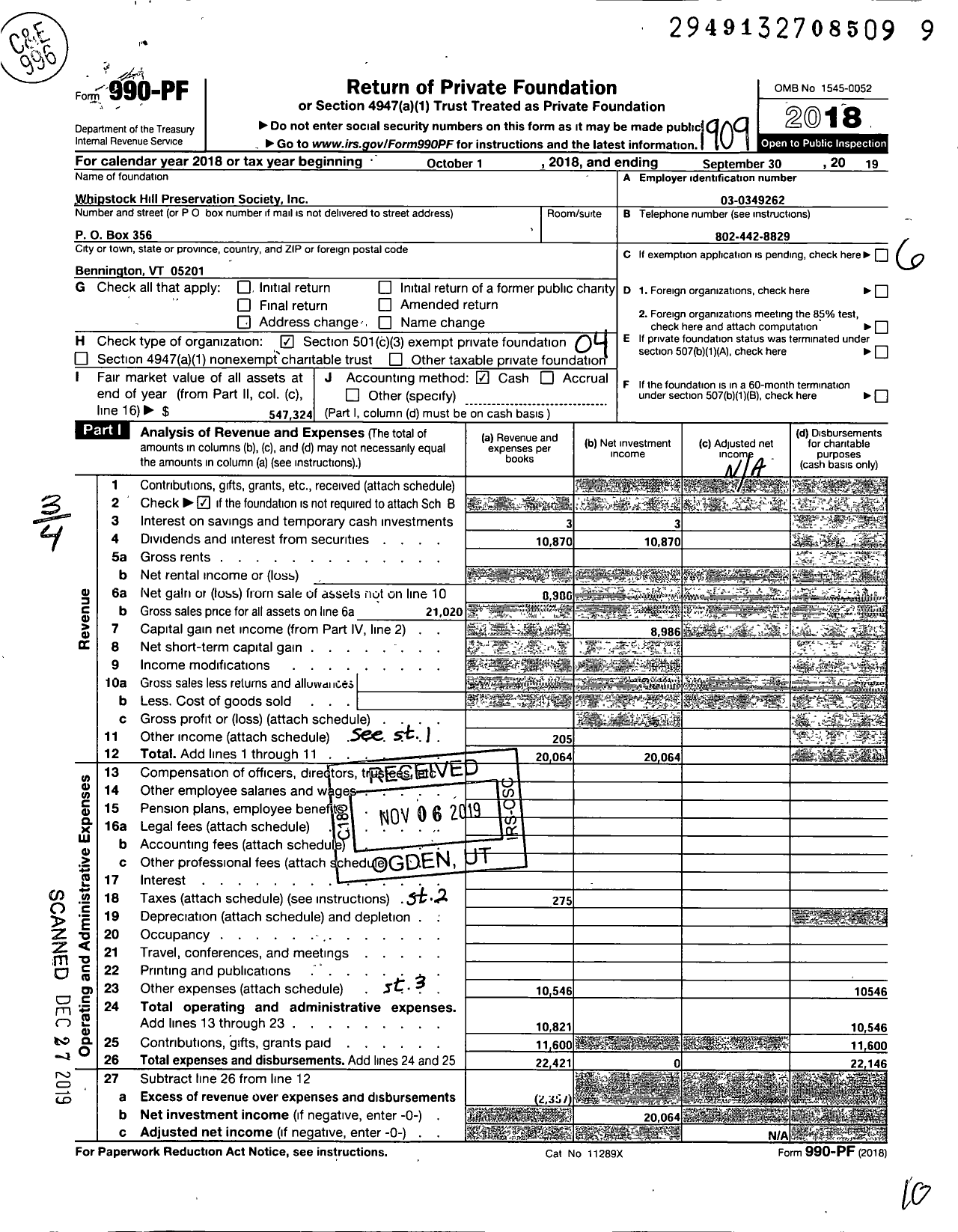 Image of first page of 2018 Form 990PF for Whipstock Hill Preservation Society