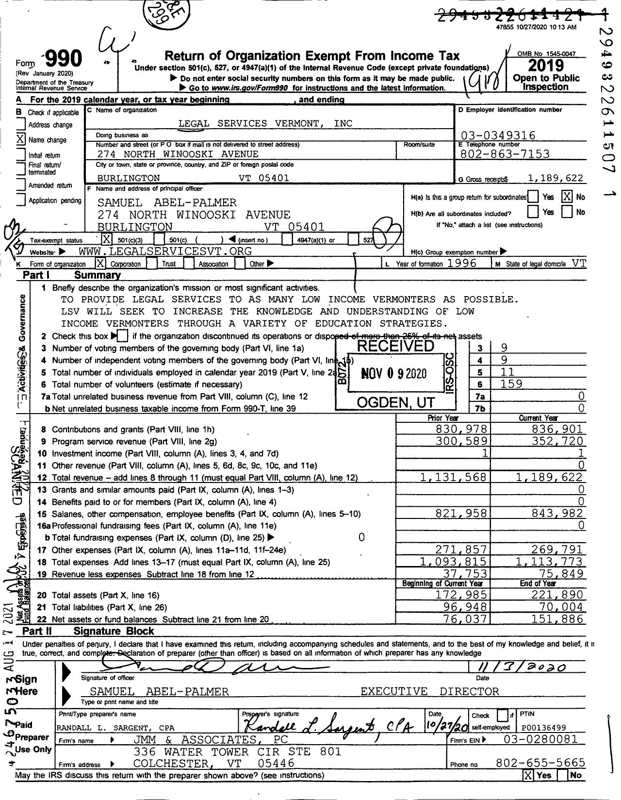 Image of first page of 2019 Form 990 for Legal Services Vermont