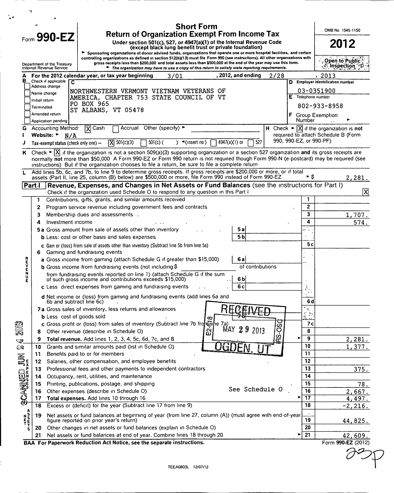 Image of first page of 2012 Form 990EZ for Vietnam Veterans of America - 753 Vva Chapter