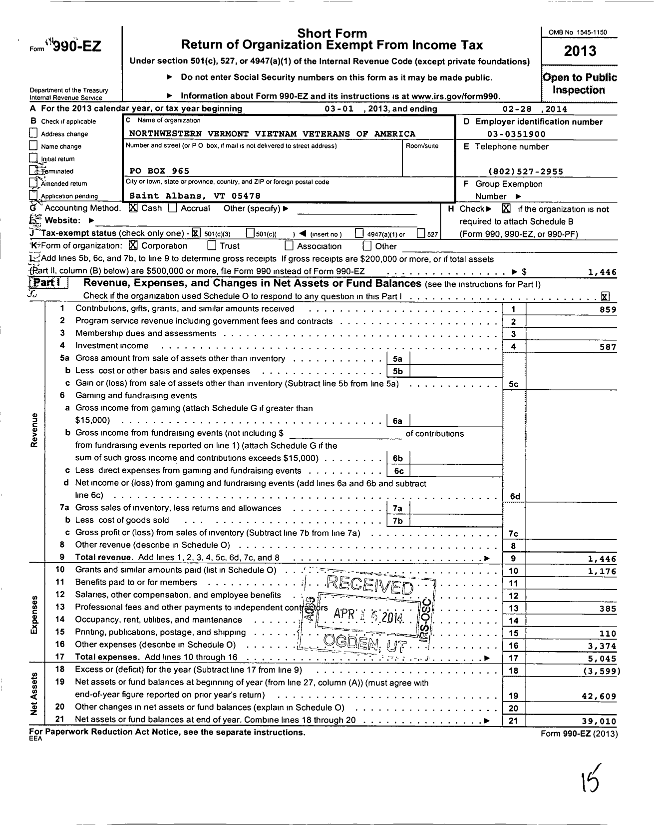 Image of first page of 2013 Form 990EZ for Vietnam Veterans of America - 753 Vva Chapter