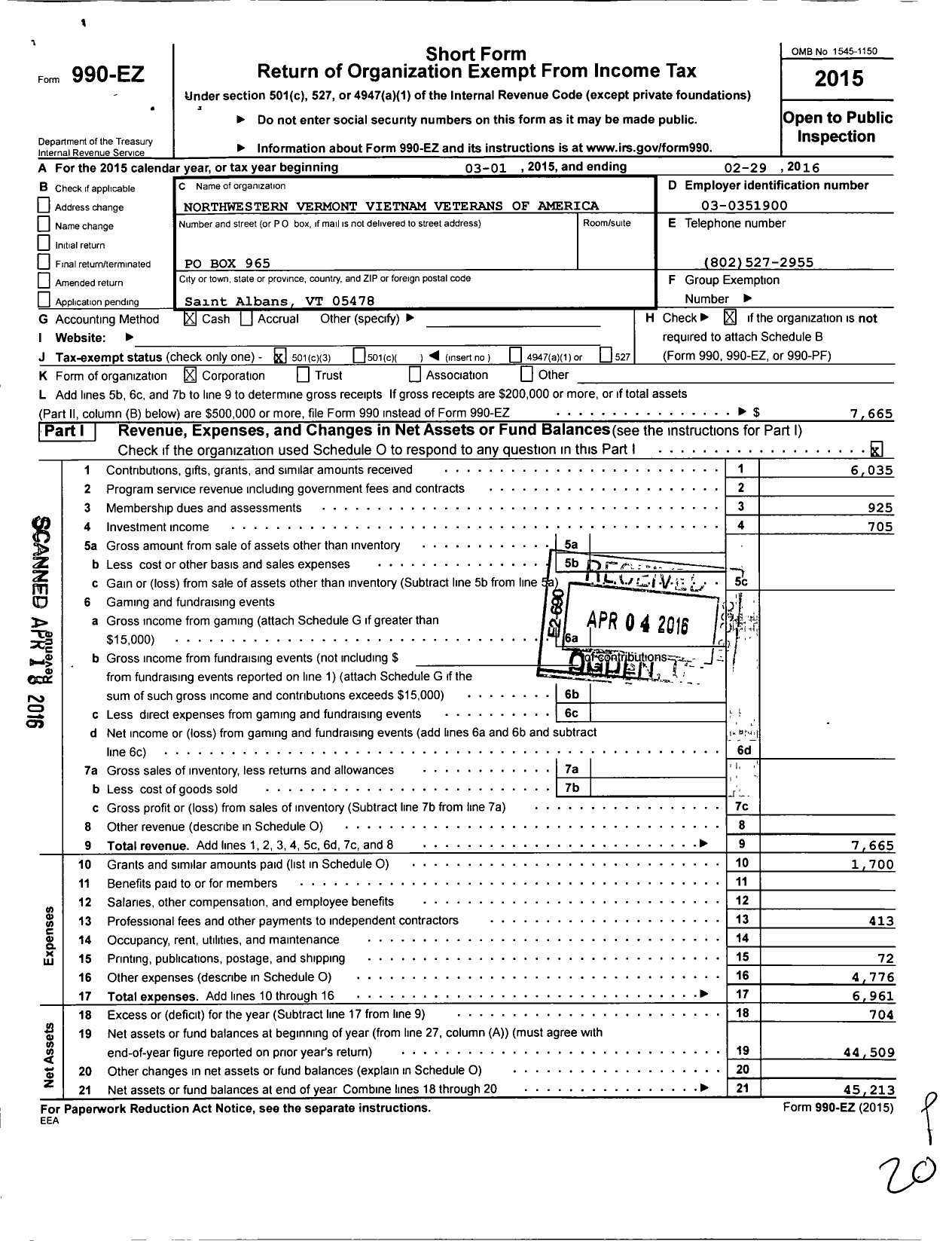 Image of first page of 2015 Form 990EZ for Vietnam Veterans of America - 753 Vva Chapter