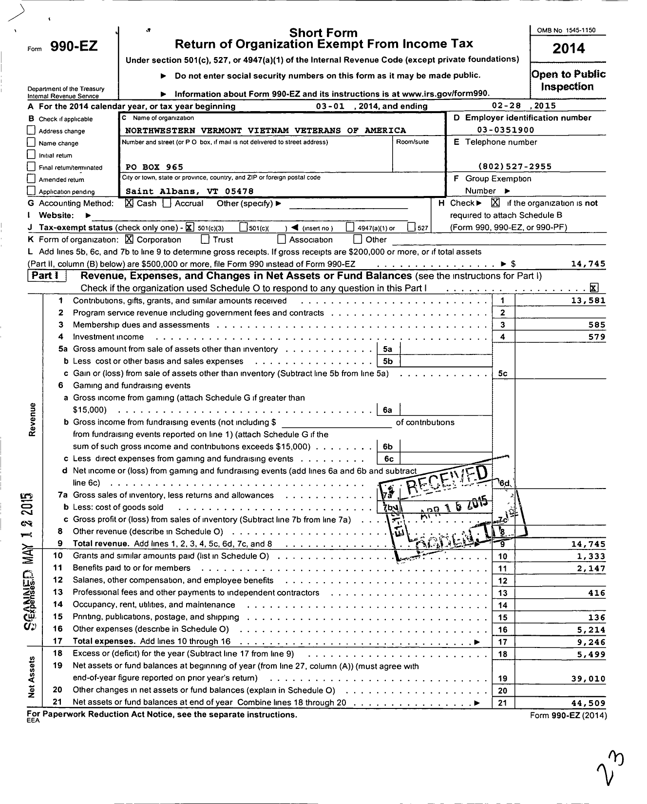 Image of first page of 2014 Form 990EZ for Vietnam Veterans of America - 753 Vva Chapter