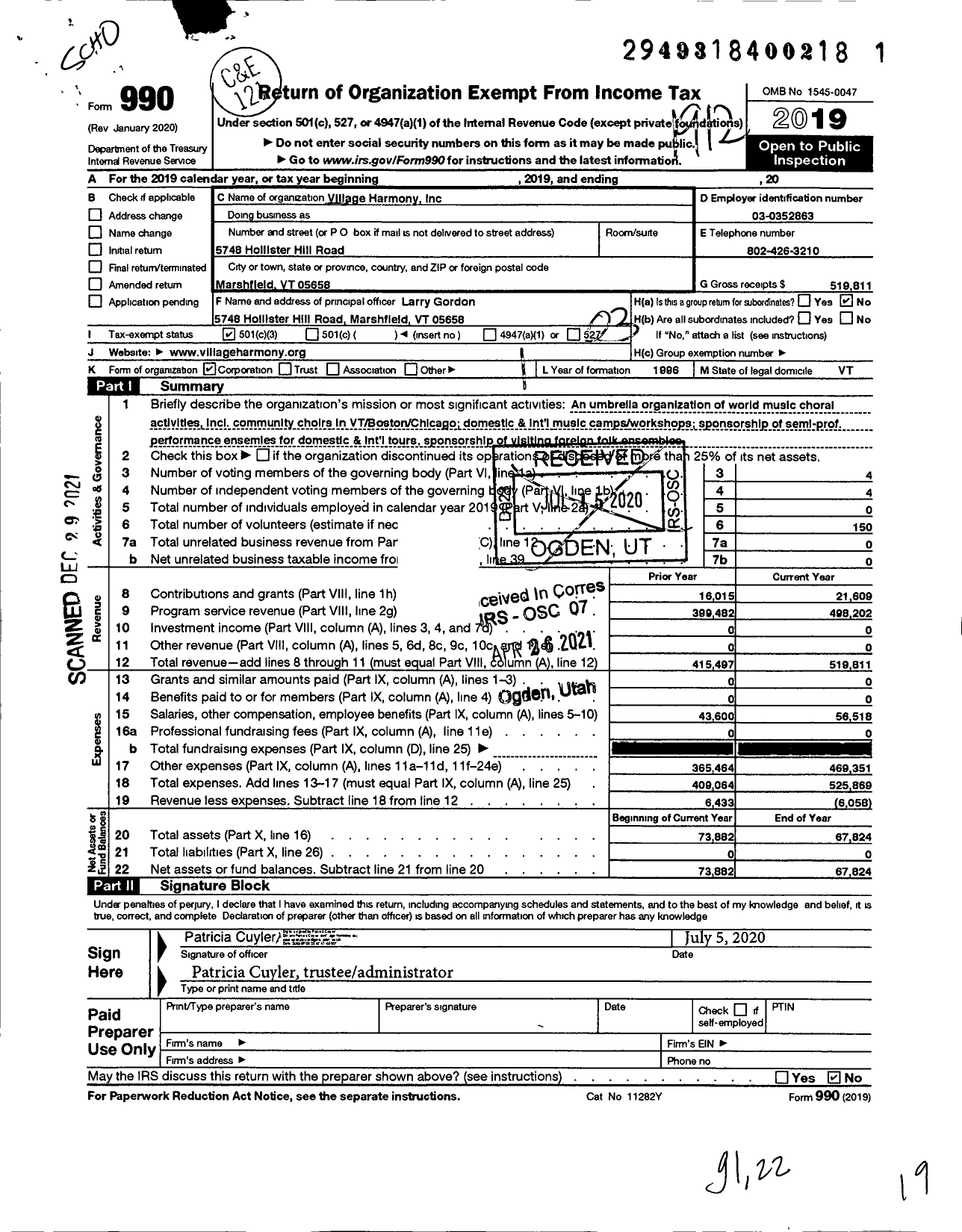 Image of first page of 2019 Form 990 for Village Harmony