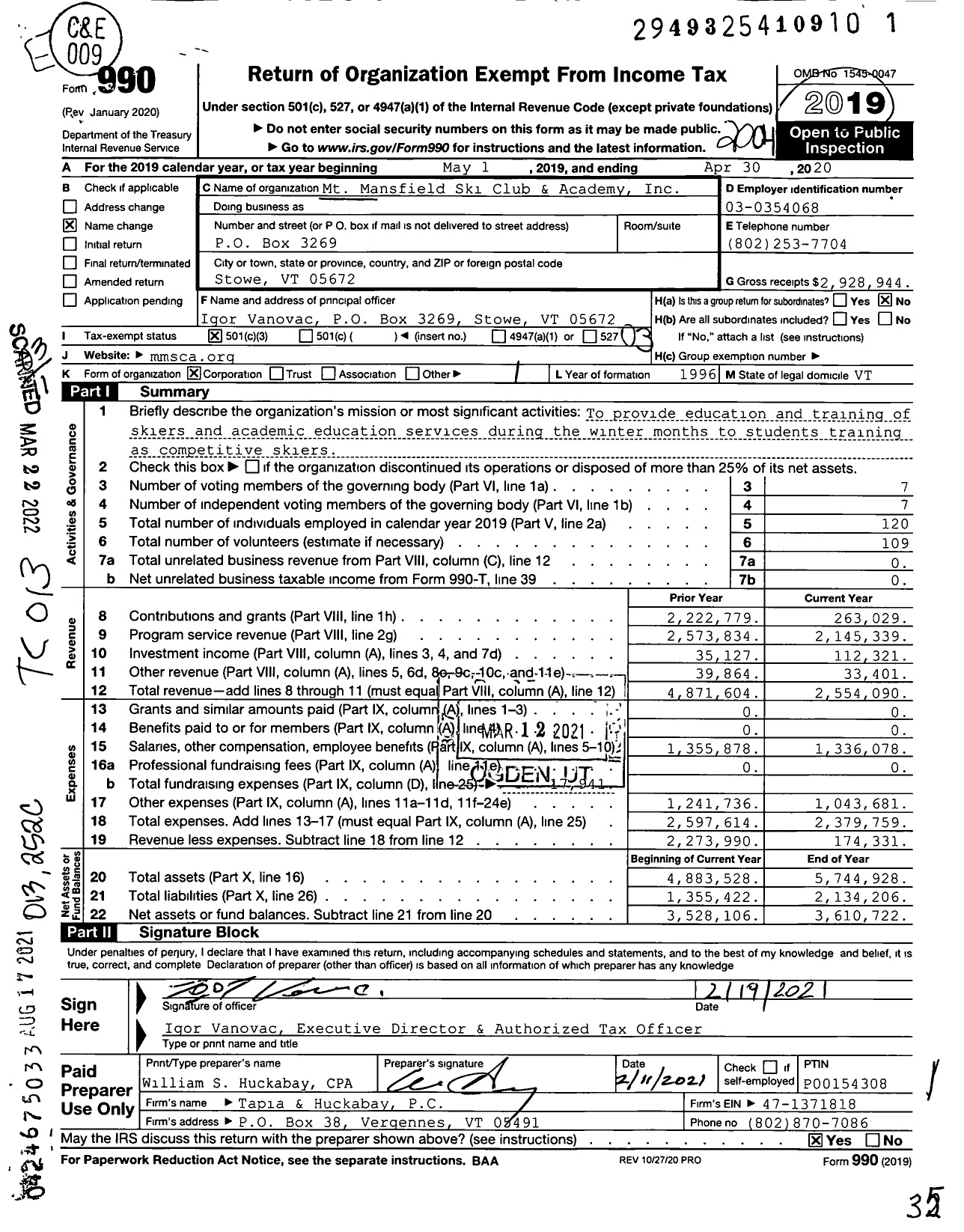 Image of first page of 2019 Form 990 for Mt Mansfield Ski Club and Academy