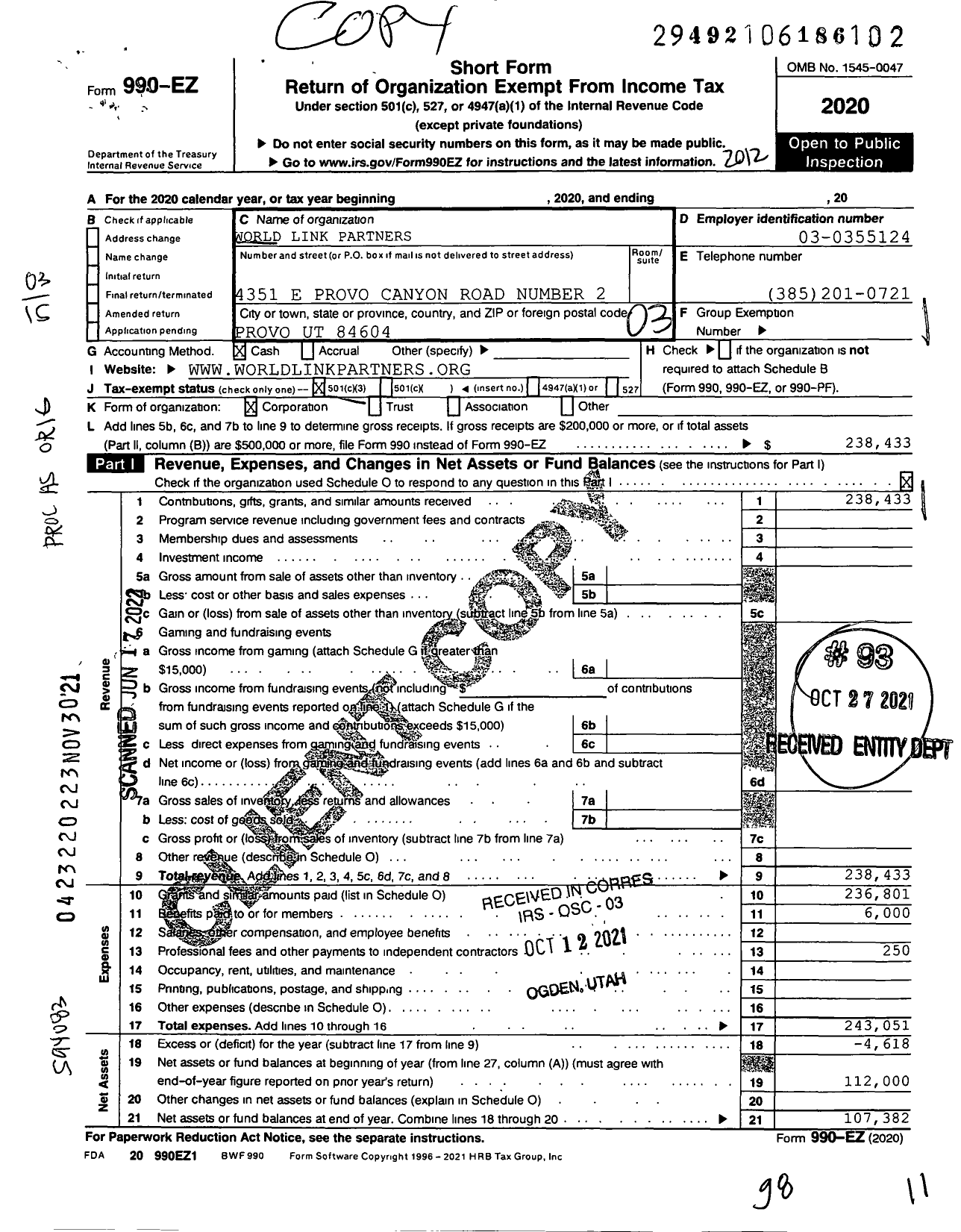 Image of first page of 2020 Form 990EZ for Worldlink Partners