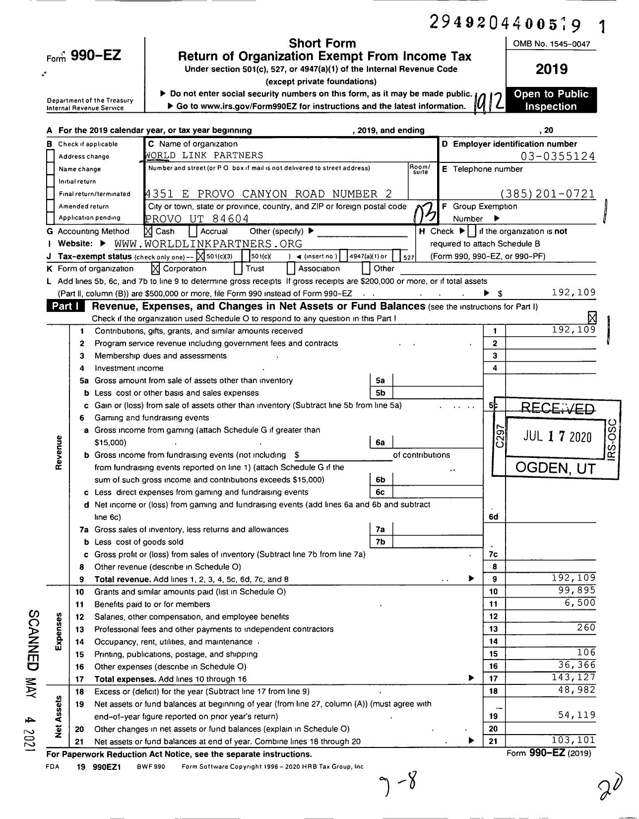 Image of first page of 2019 Form 990EZ for Worldlink Partners