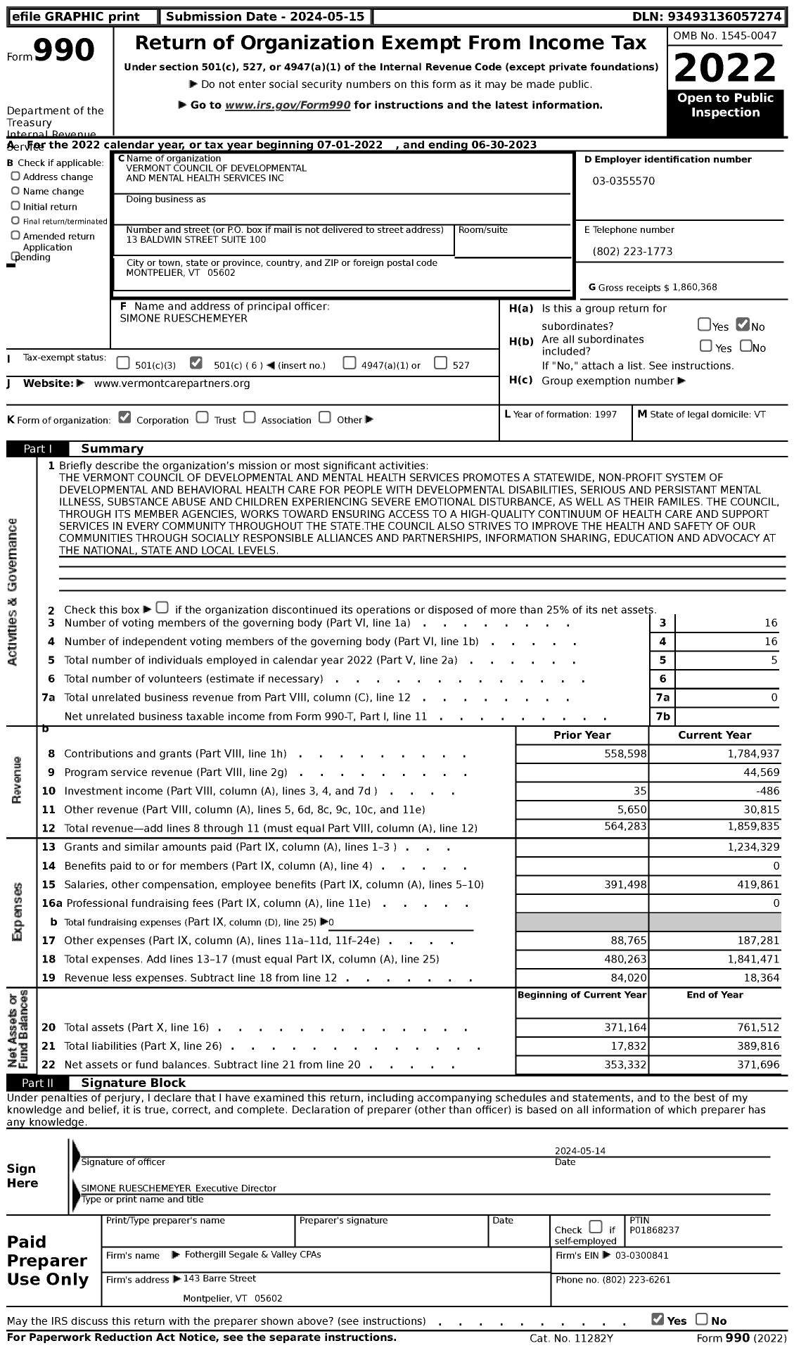 Image of first page of 2022 Form 990 for Vermont Council of Developmental and Mental Health Services