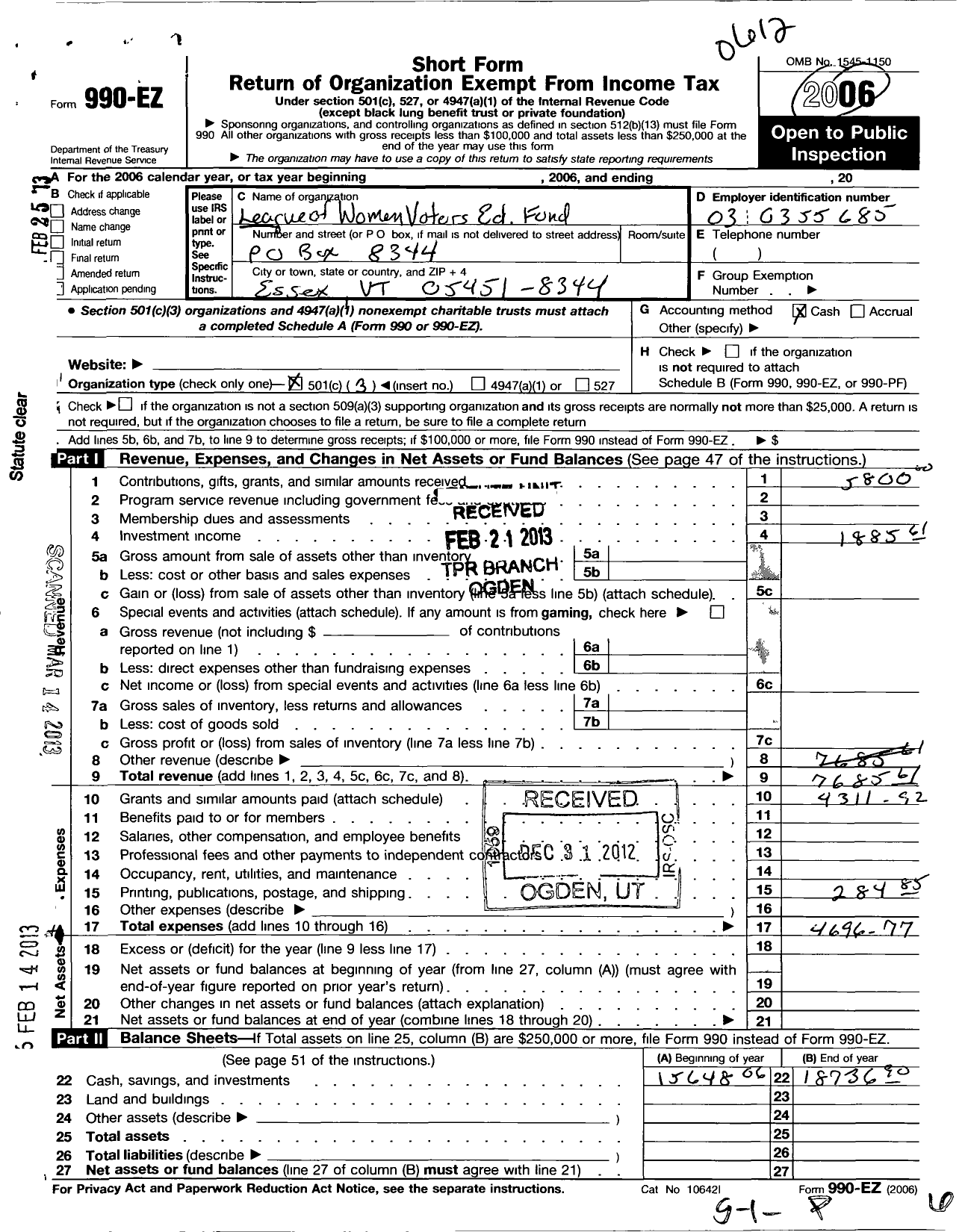 Image of first page of 2006 Form 990EZ for League of Women Voters of Vermont Education Fund