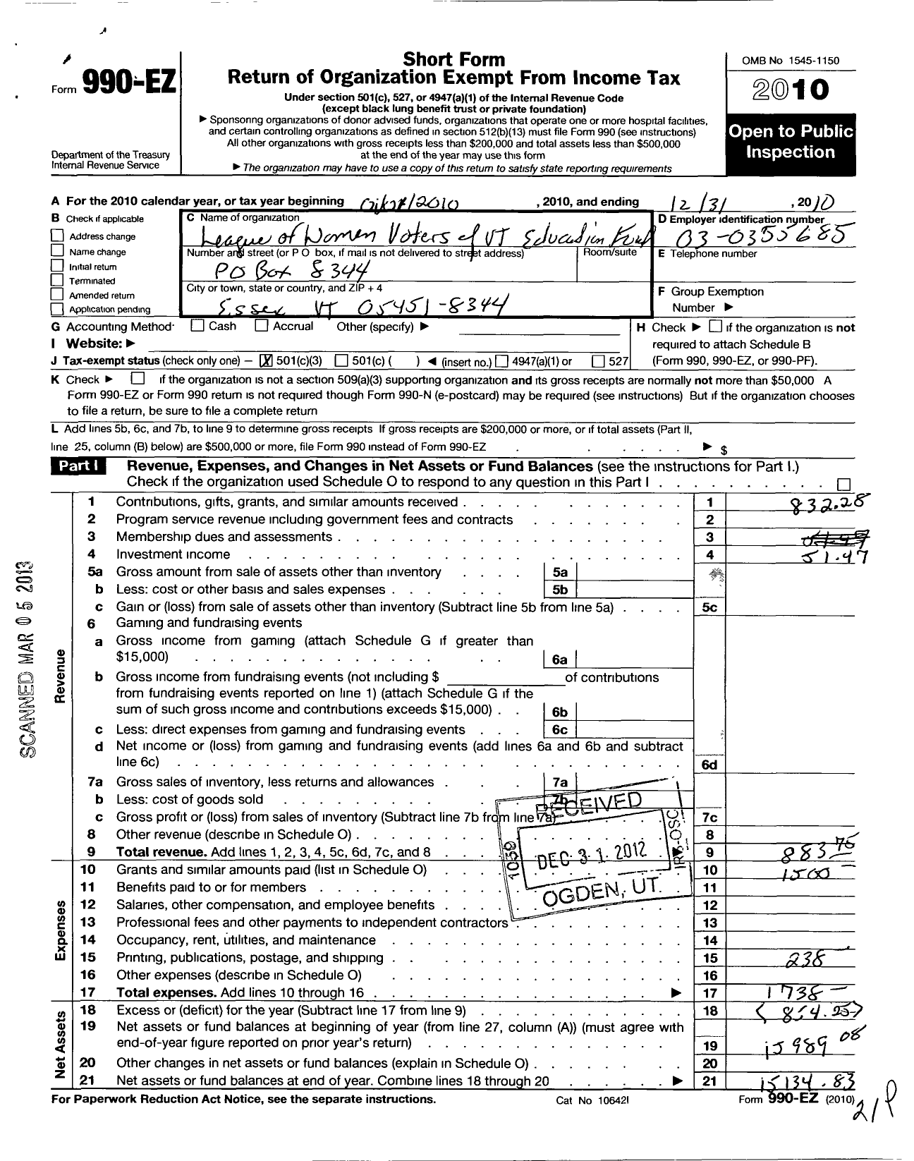 Image of first page of 2010 Form 990EZ for League of Women Voters of Vermont Education Fund