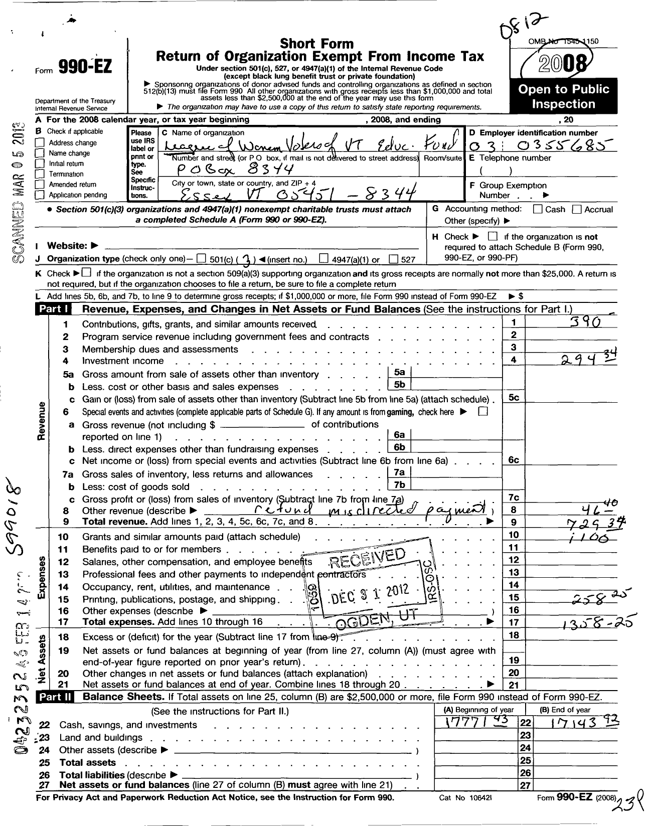 Image of first page of 2008 Form 990EZ for League of Women Voters of Vermont Education Fund