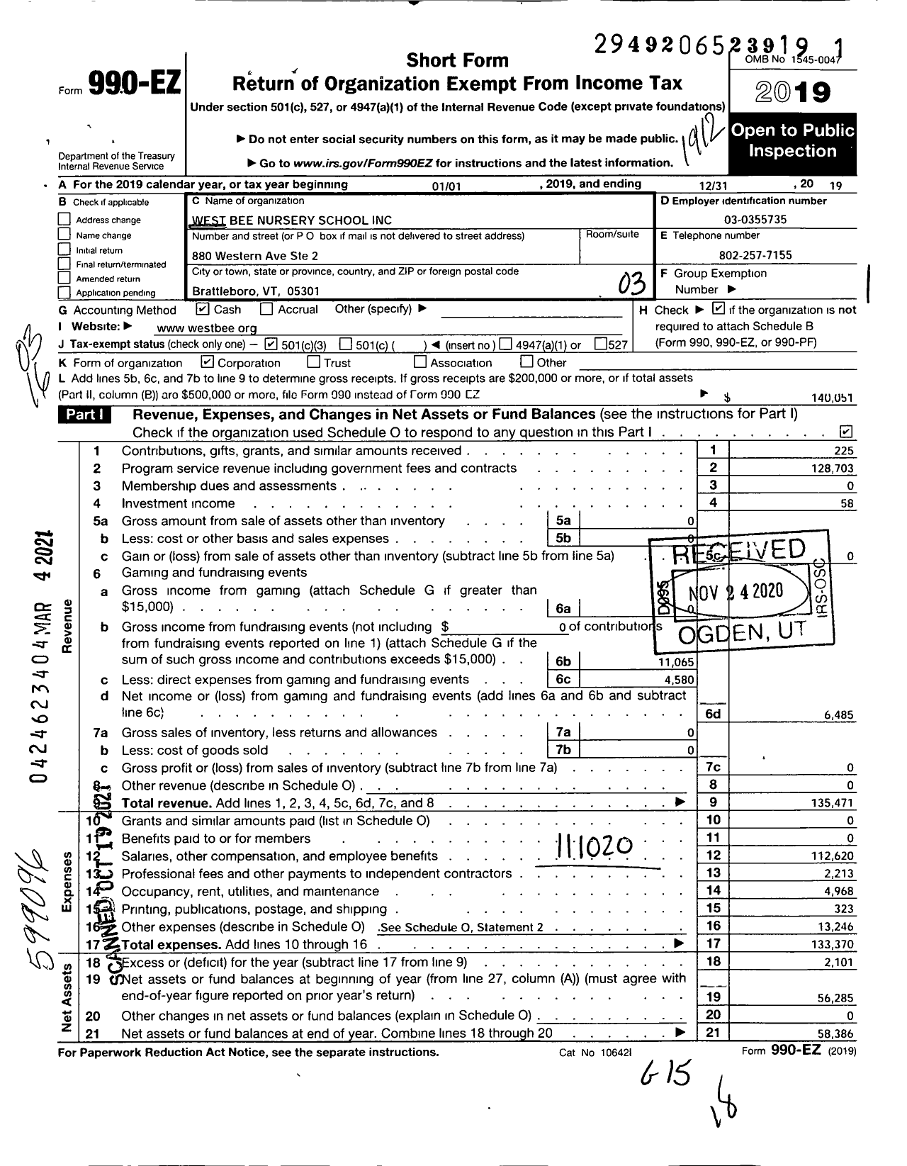 Image of first page of 2019 Form 990EZ for West Bee Nursery School