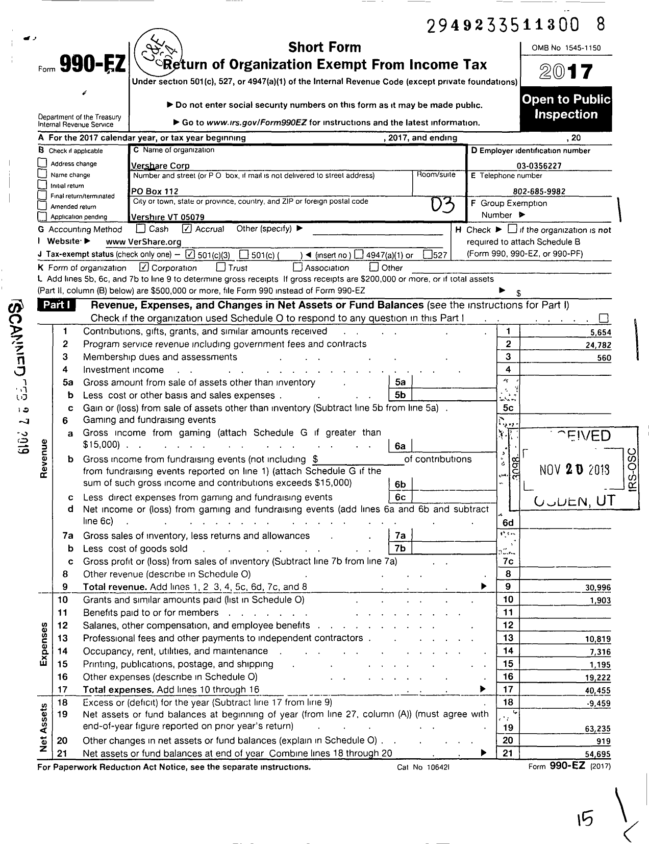 Image of first page of 2017 Form 990EZ for VerShare