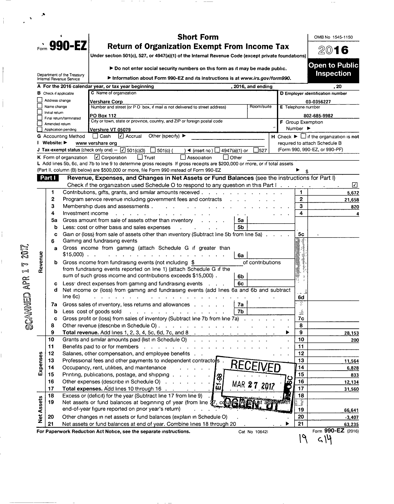 Image of first page of 2016 Form 990EZ for VerShare