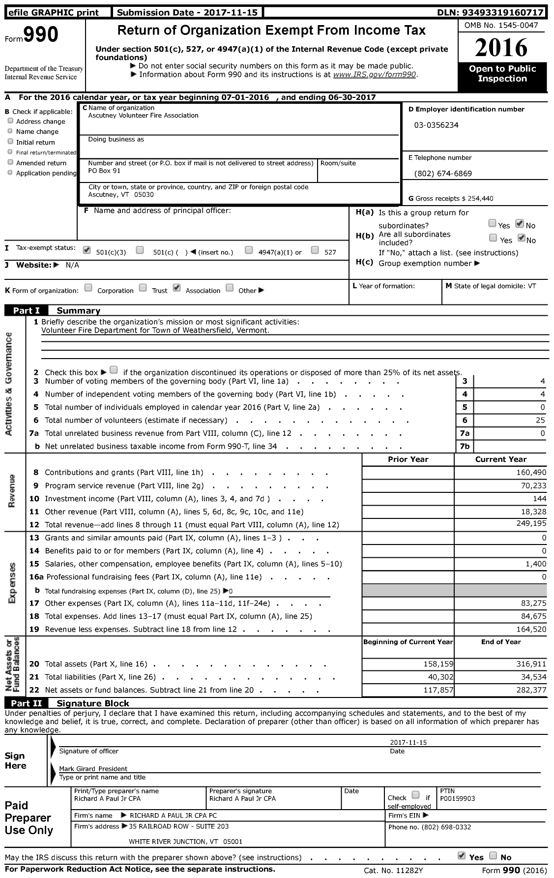 Image of first page of 2016 Form 990 for Ascutney Volunteer Fire Association