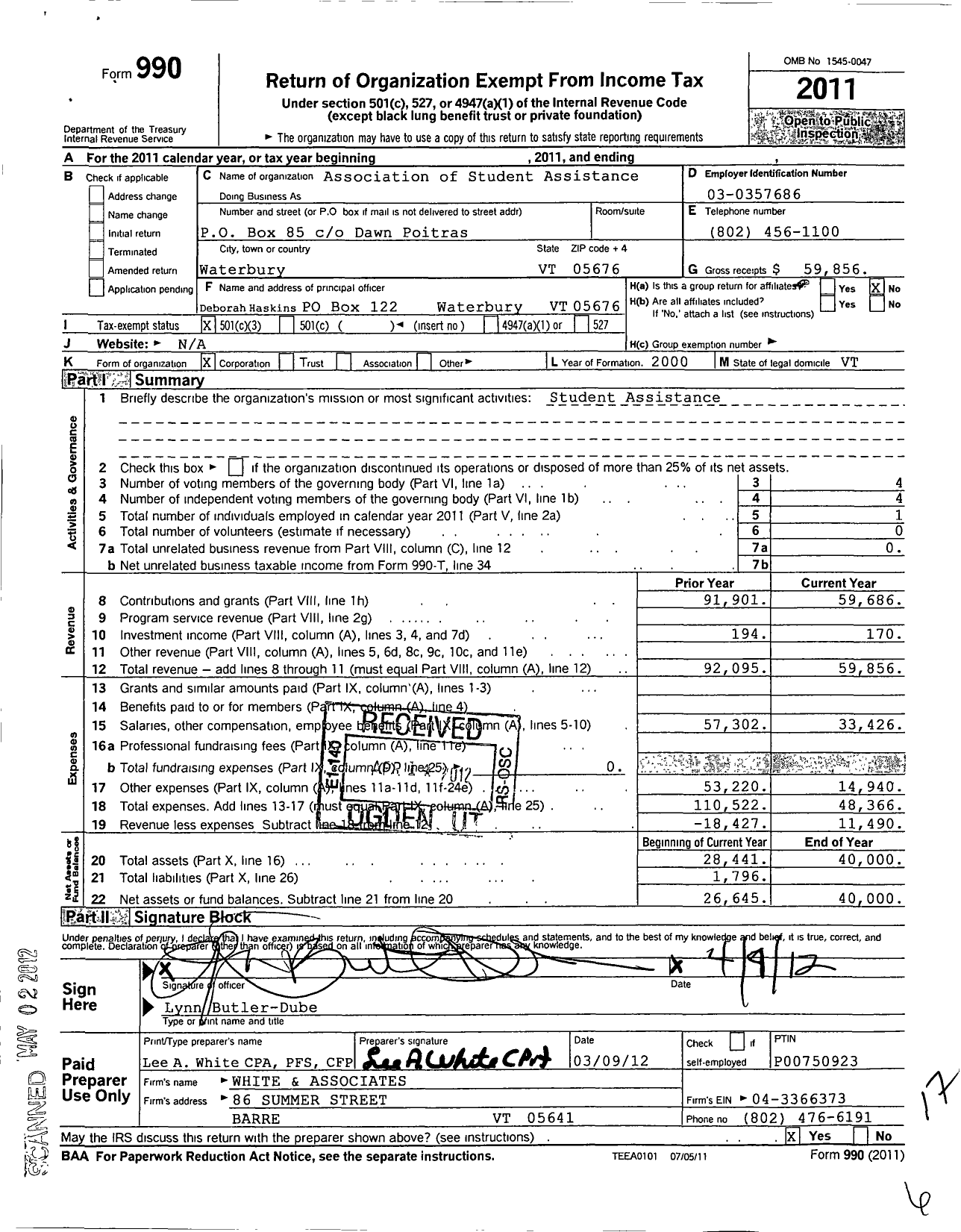 Image of first page of 2011 Form 990 for The Association of Student Assistance Professionals of Vermont