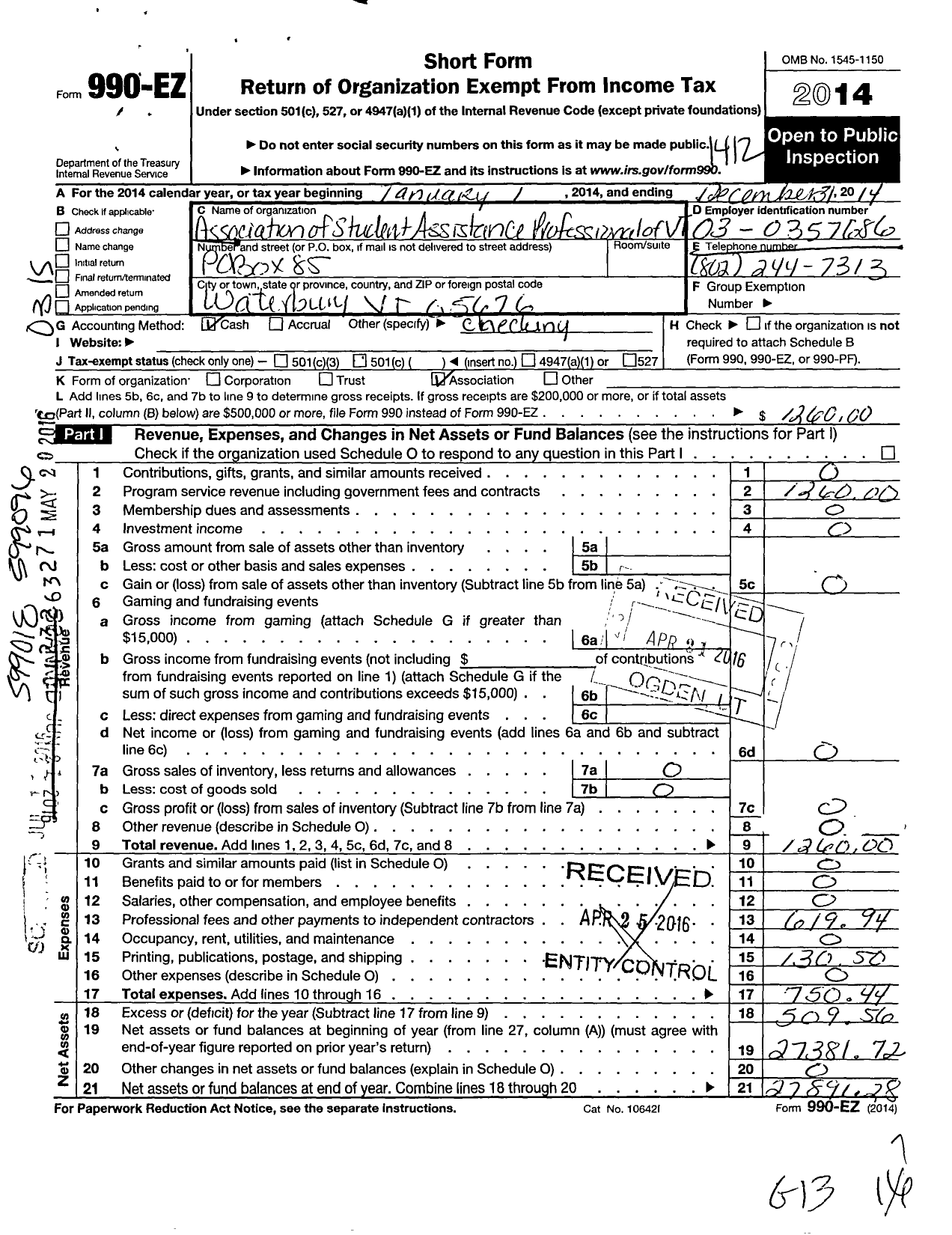 Image of first page of 2014 Form 990EO for The Association of Student Assistance Professionals of Vermont