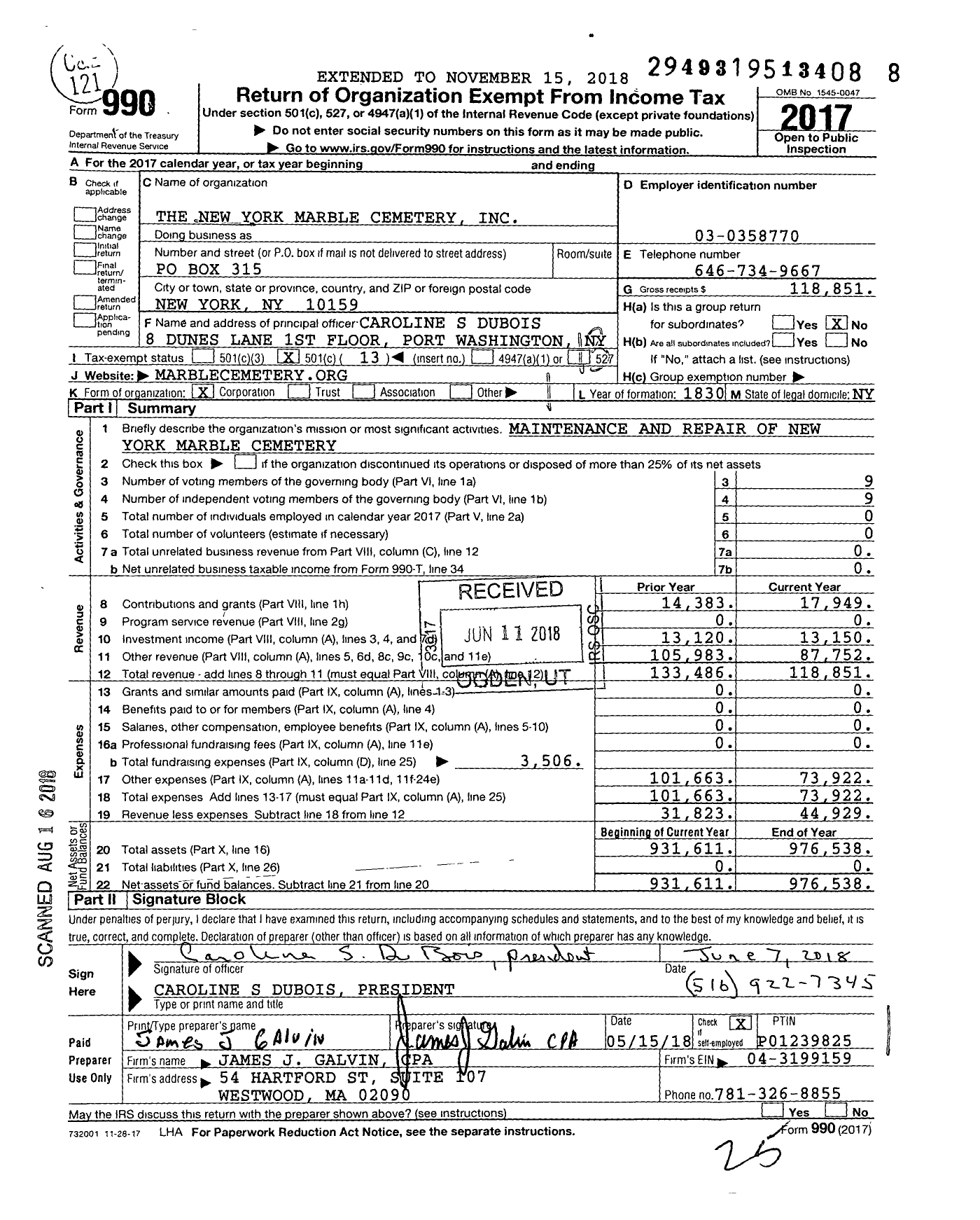 Image of first page of 2017 Form 990O for The New York Marble Cemetery
