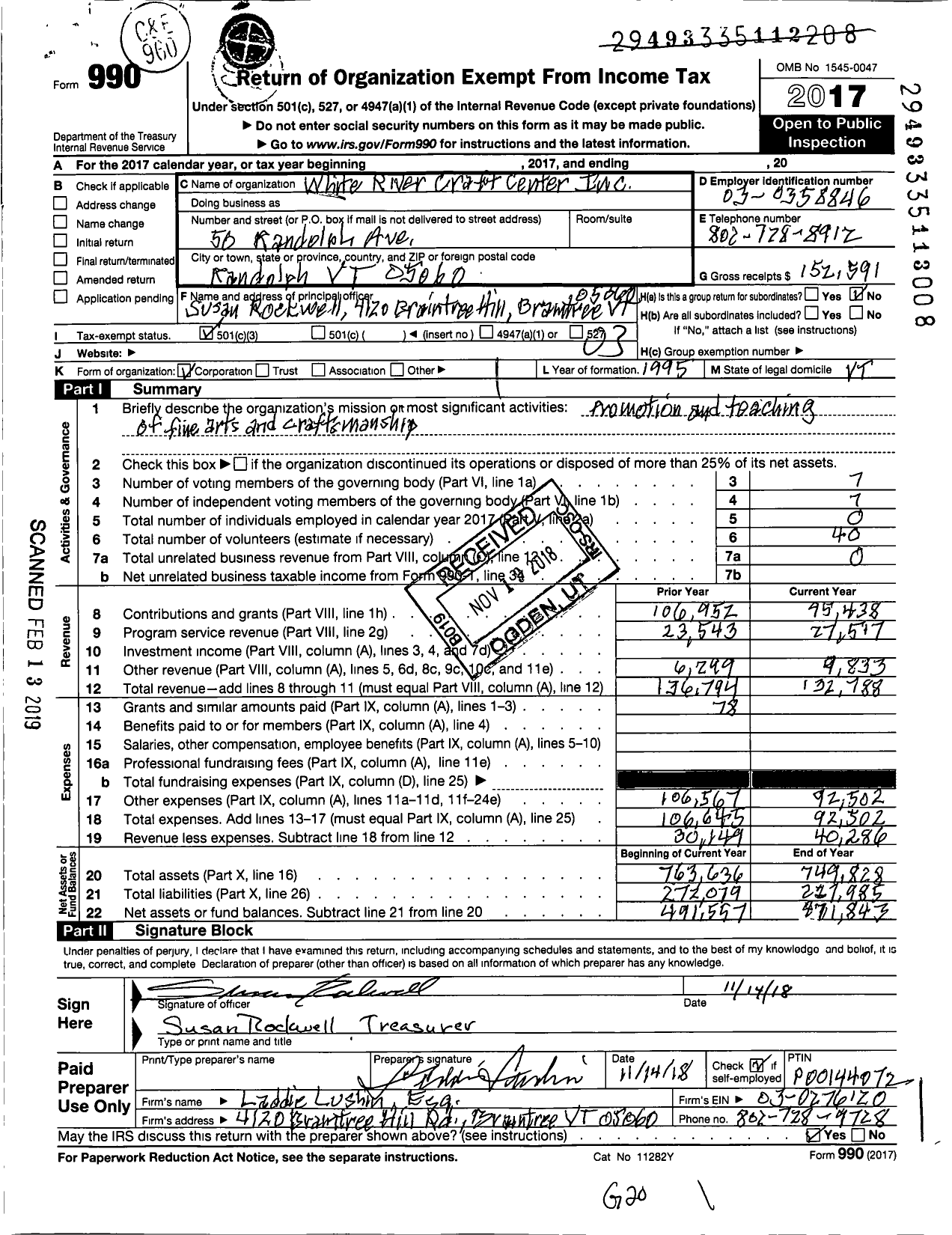 Image of first page of 2017 Form 990 for White River Craft Center