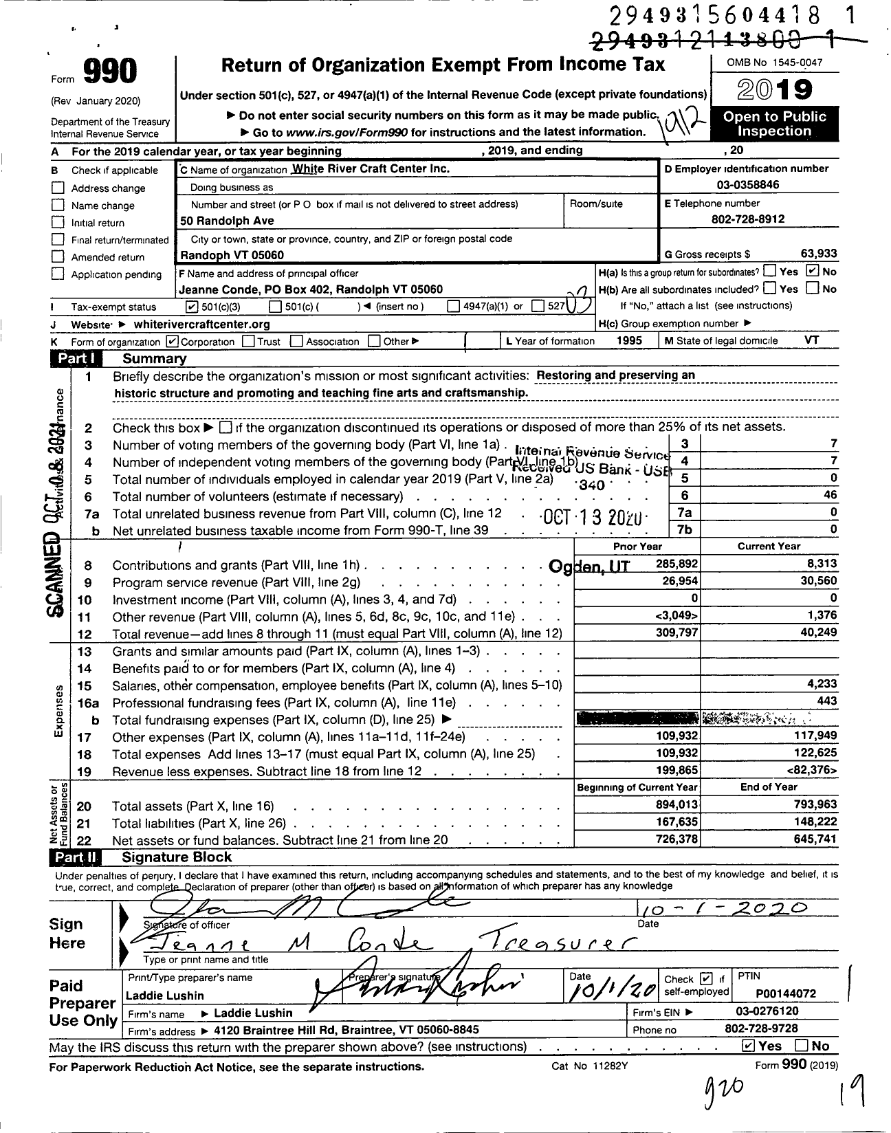 Image of first page of 2019 Form 990 for White River Craft Center