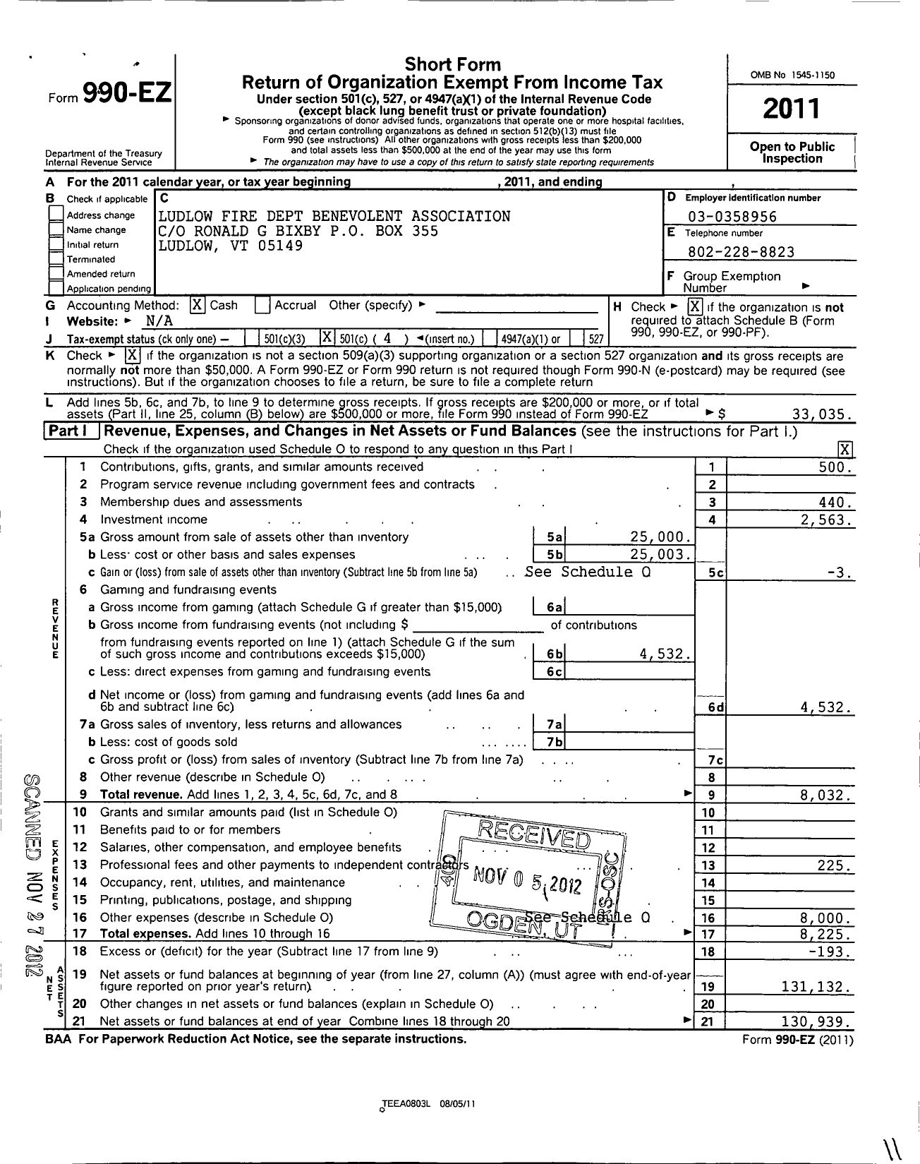 Image of first page of 2011 Form 990EO for Ludlow Fire Dept Benevolent Association