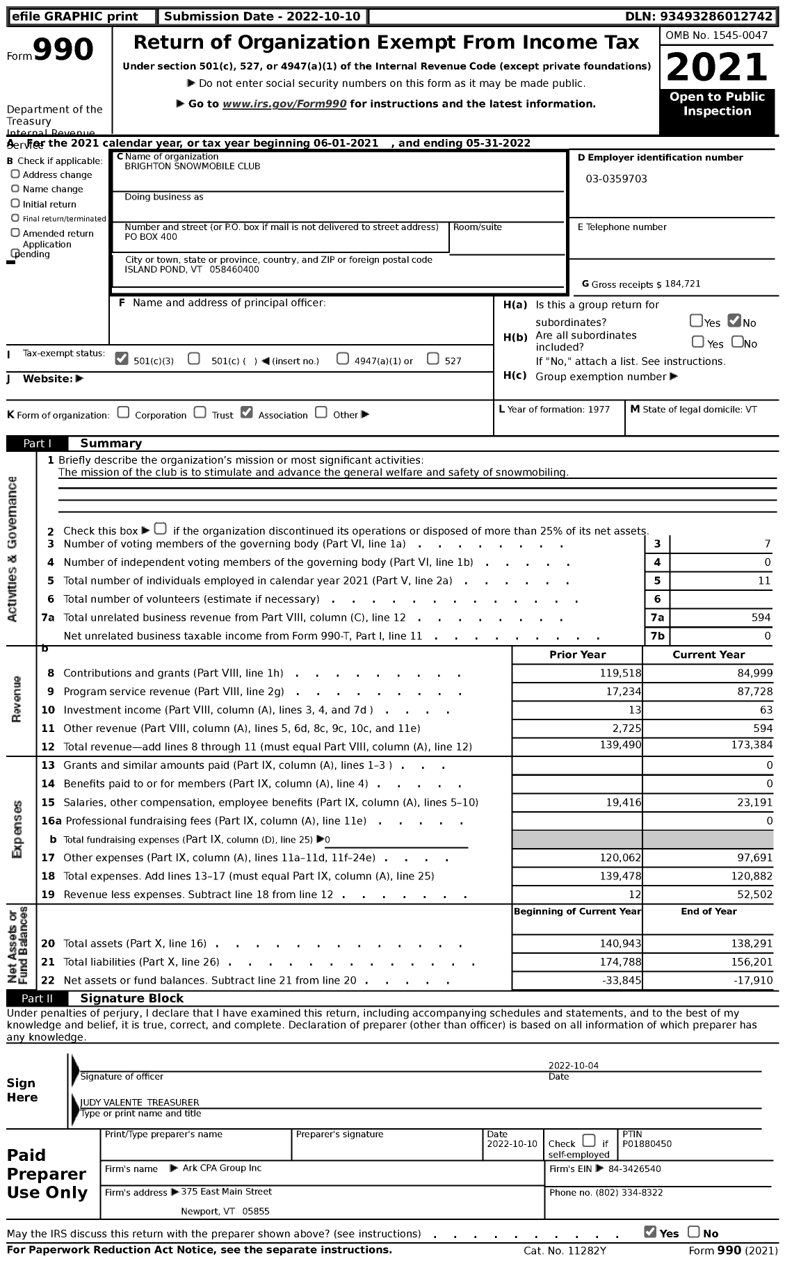 Image of first page of 2021 Form 990 for Brighton Snowmobile Club