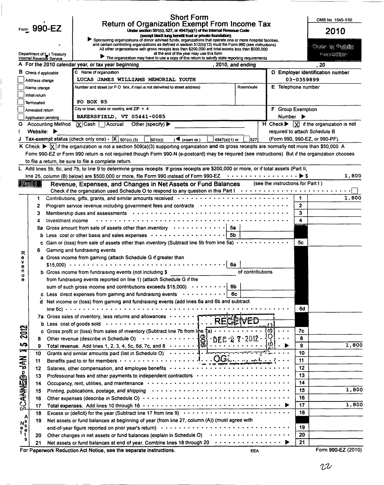 Image of first page of 2010 Form 990EZ for Lucas James Williams Memorial Youth Fund Limited