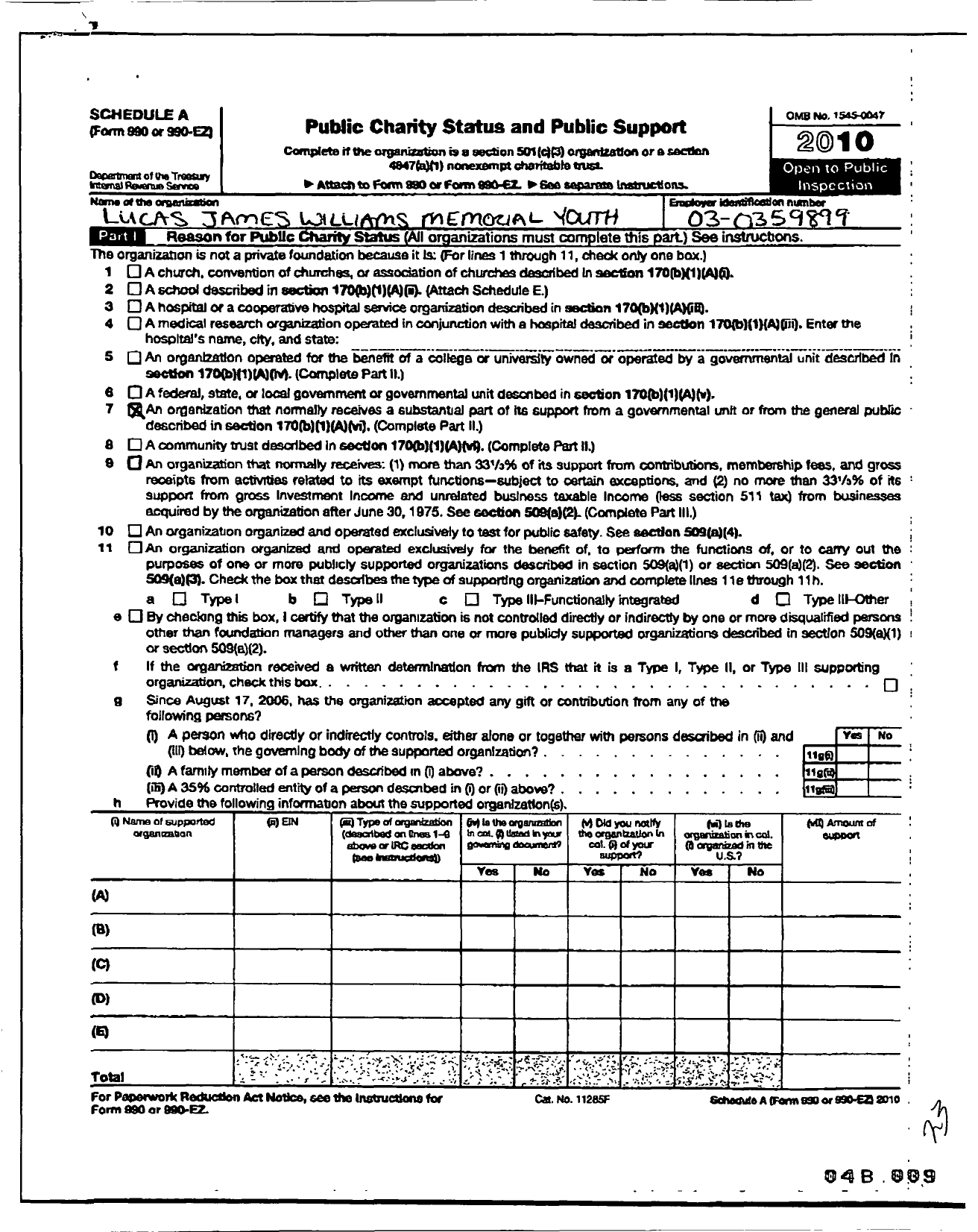 Image of first page of 2010 Form 990ER for Lucas James Williams Memorial Youth Fund Limited