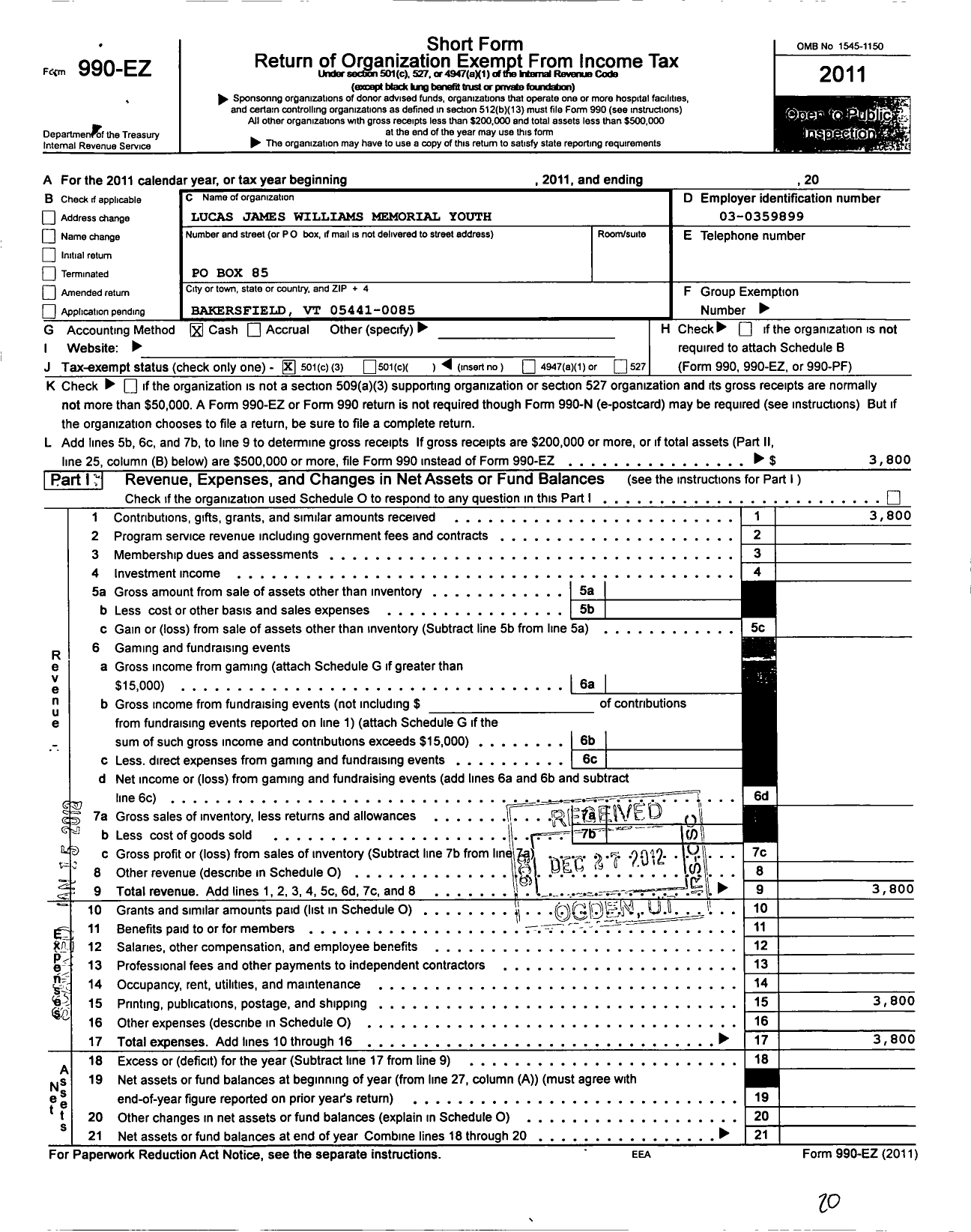 Image of first page of 2011 Form 990EZ for Lucas James Williams Memorial Youth Fund Limited