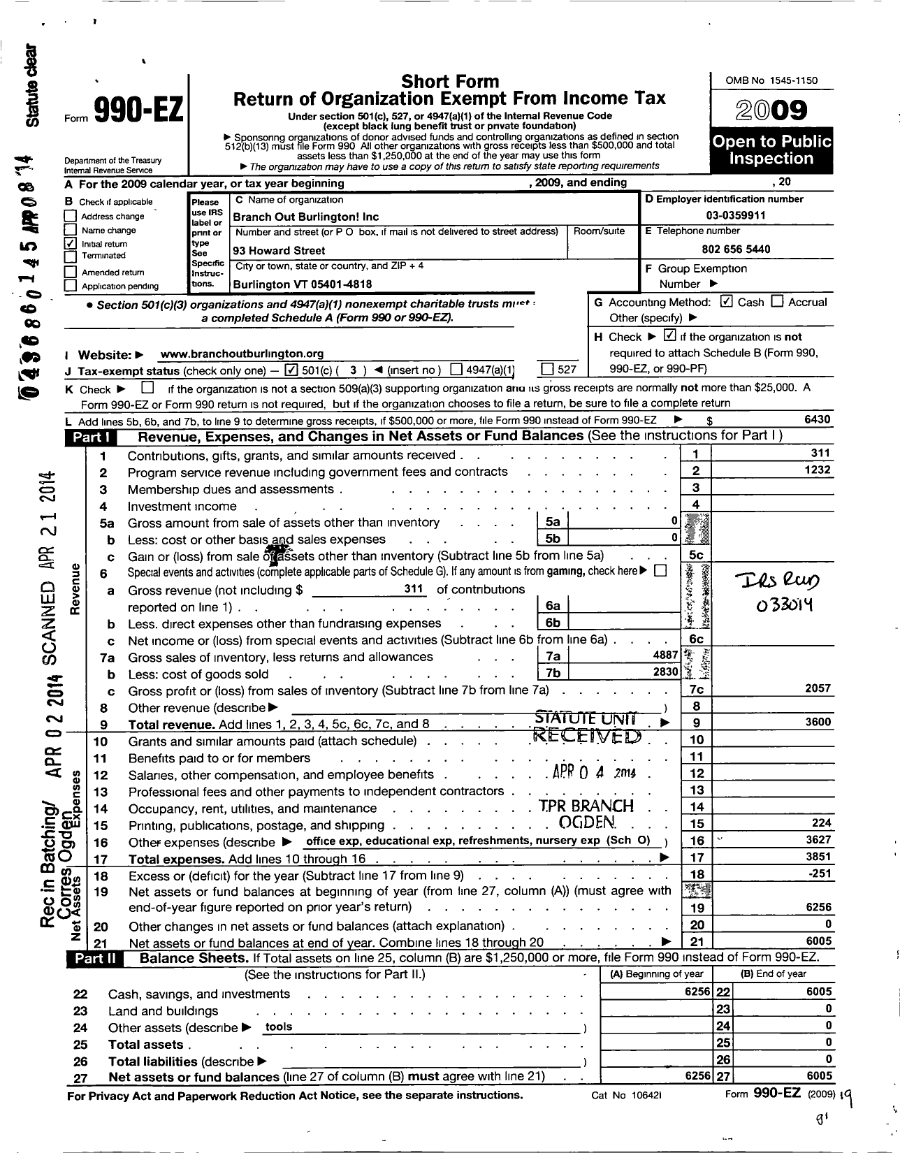Image of first page of 2009 Form 990EZ for Branch Out Burlington