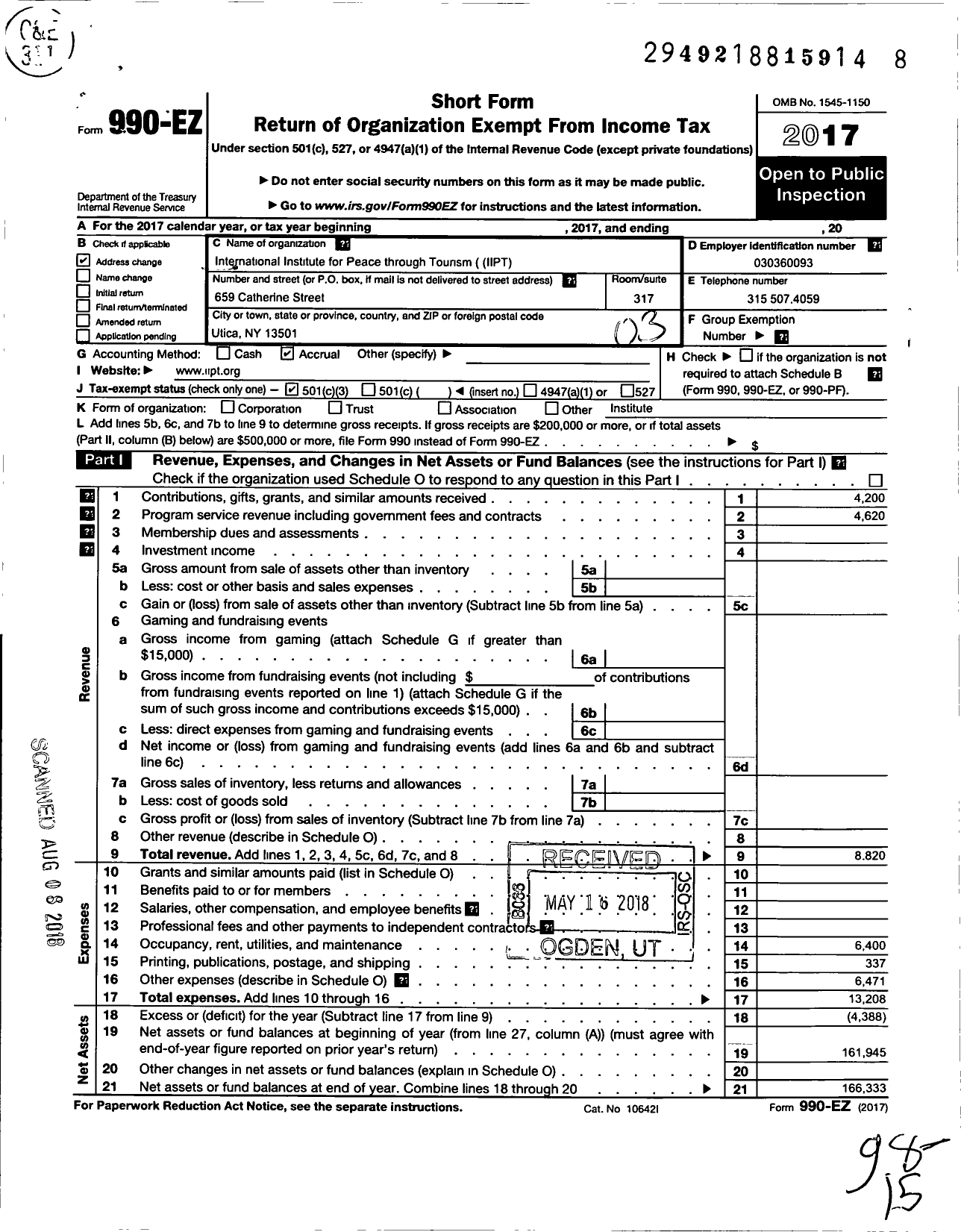 Image of first page of 2017 Form 990EZ for International Institute for Peace Through Tourism