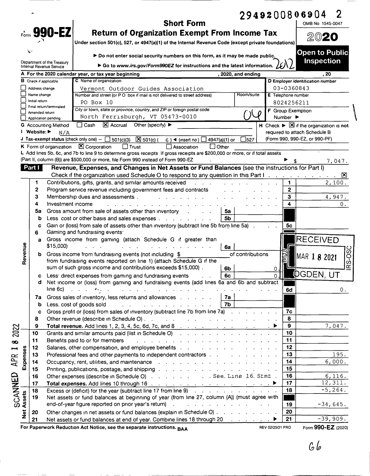 Image of first page of 2020 Form 990EO for Vermont Outdoor Guides Association