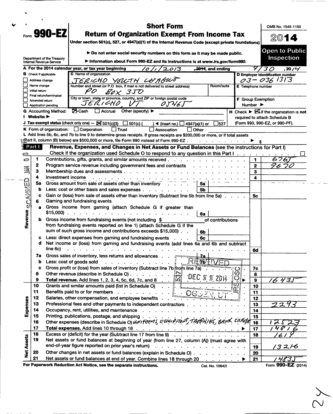 Image of first page of 2013 Form 990EZ for Little League Baseball - 2450305 Browns River LL