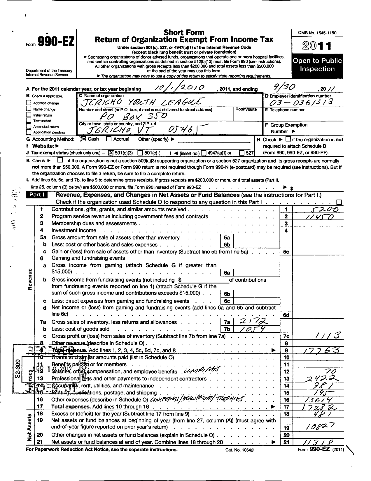 Image of first page of 2010 Form 990EZ for Little League Baseball - 2450305 Browns River LL