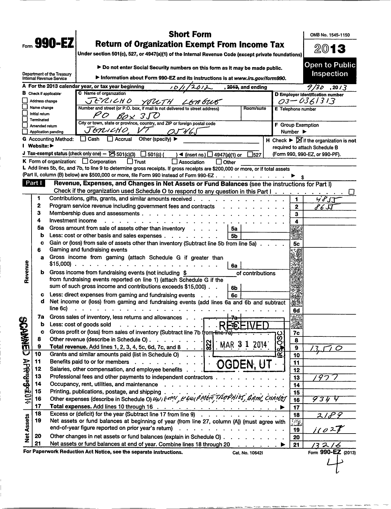 Image of first page of 2012 Form 990EZ for Little League Baseball - 2450305 Browns River LL