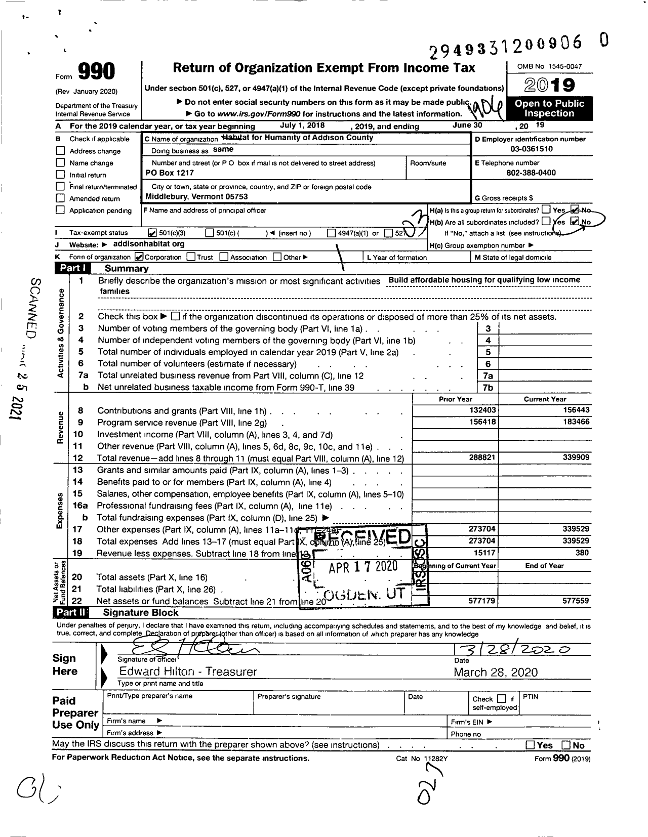 Image of first page of 2018 Form 990 for Habitat for Humanity - Addison Co VT HFH