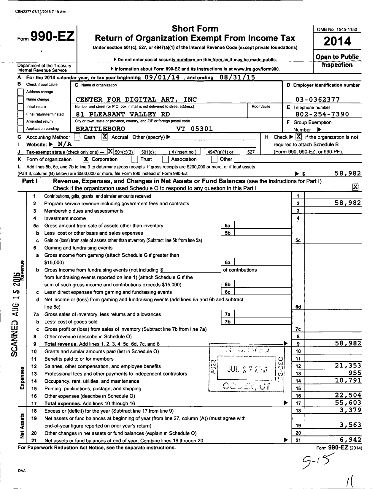 Image of first page of 2014 Form 990EZ for Center for Digital Art