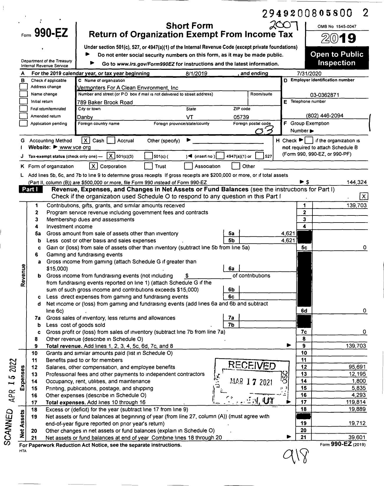 Image of first page of 2019 Form 990EZ for Vermonters For A Clean Environment