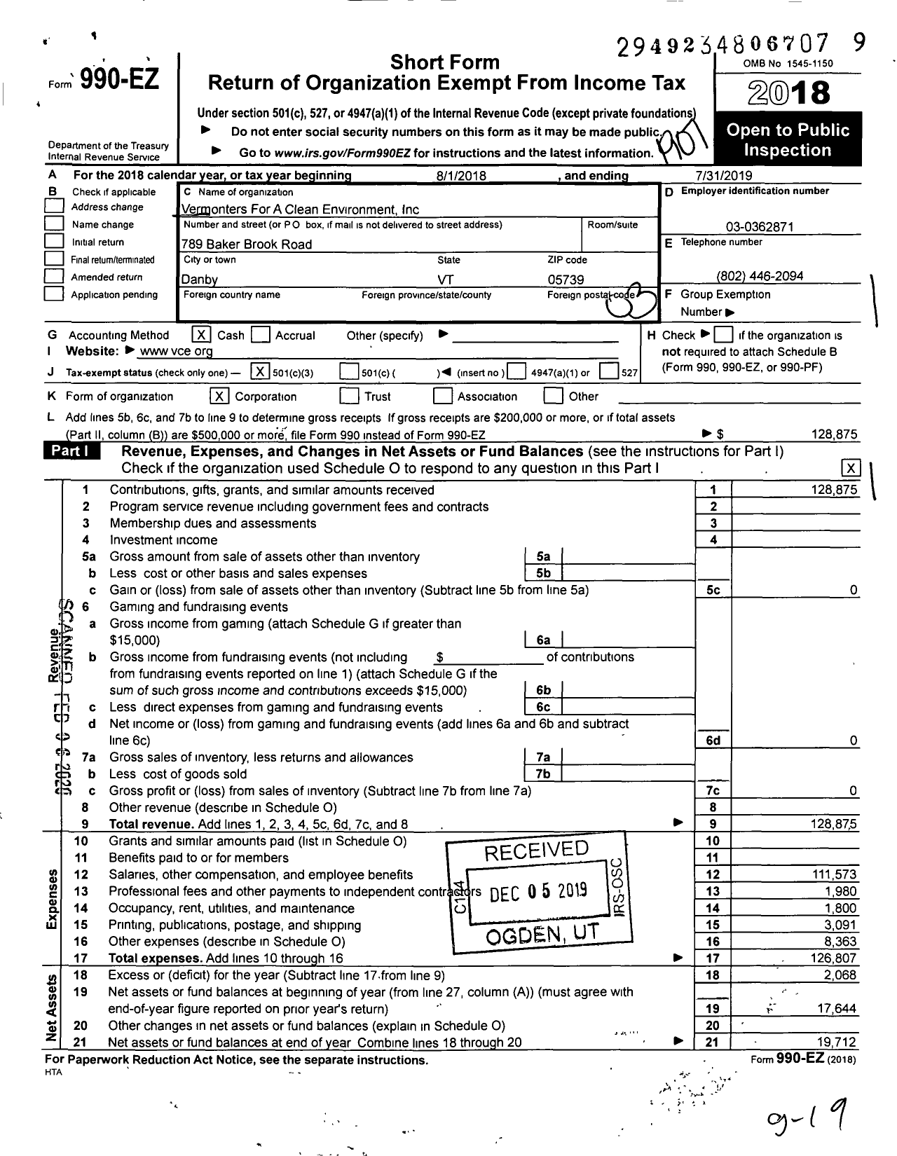 Image of first page of 2018 Form 990EZ for Vermonters For A Clean Environment