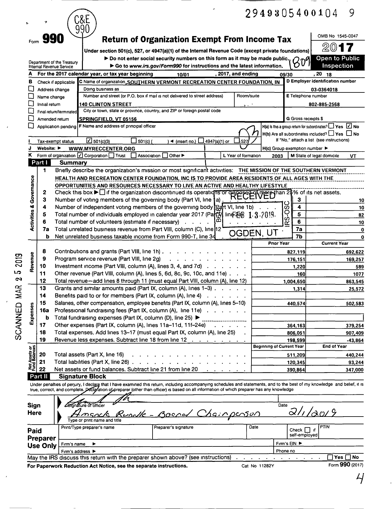 Image of first page of 2017 Form 990 for Southern Vermont Health and Recreation Center Foundation
