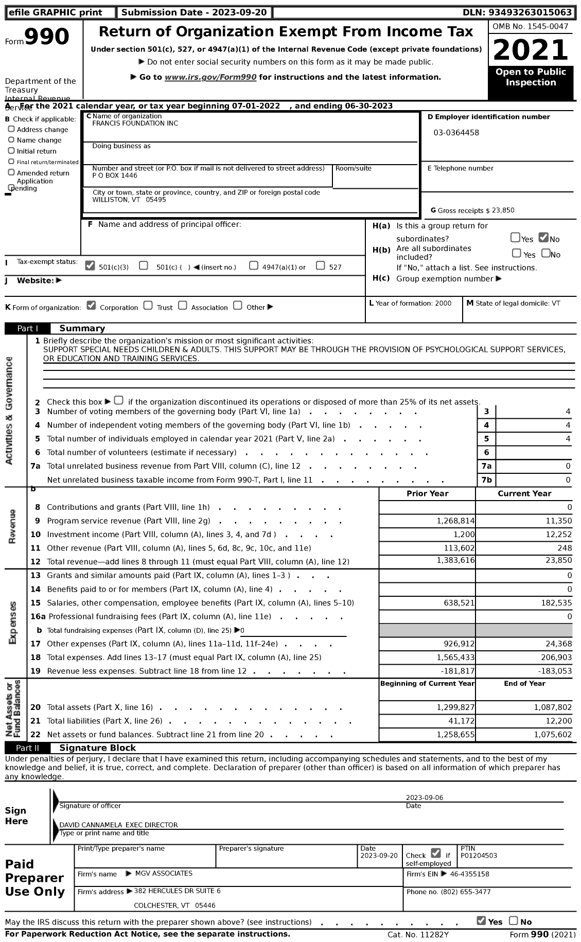 Image of first page of 2022 Form 990 for Francis Foundation / MGV Associates