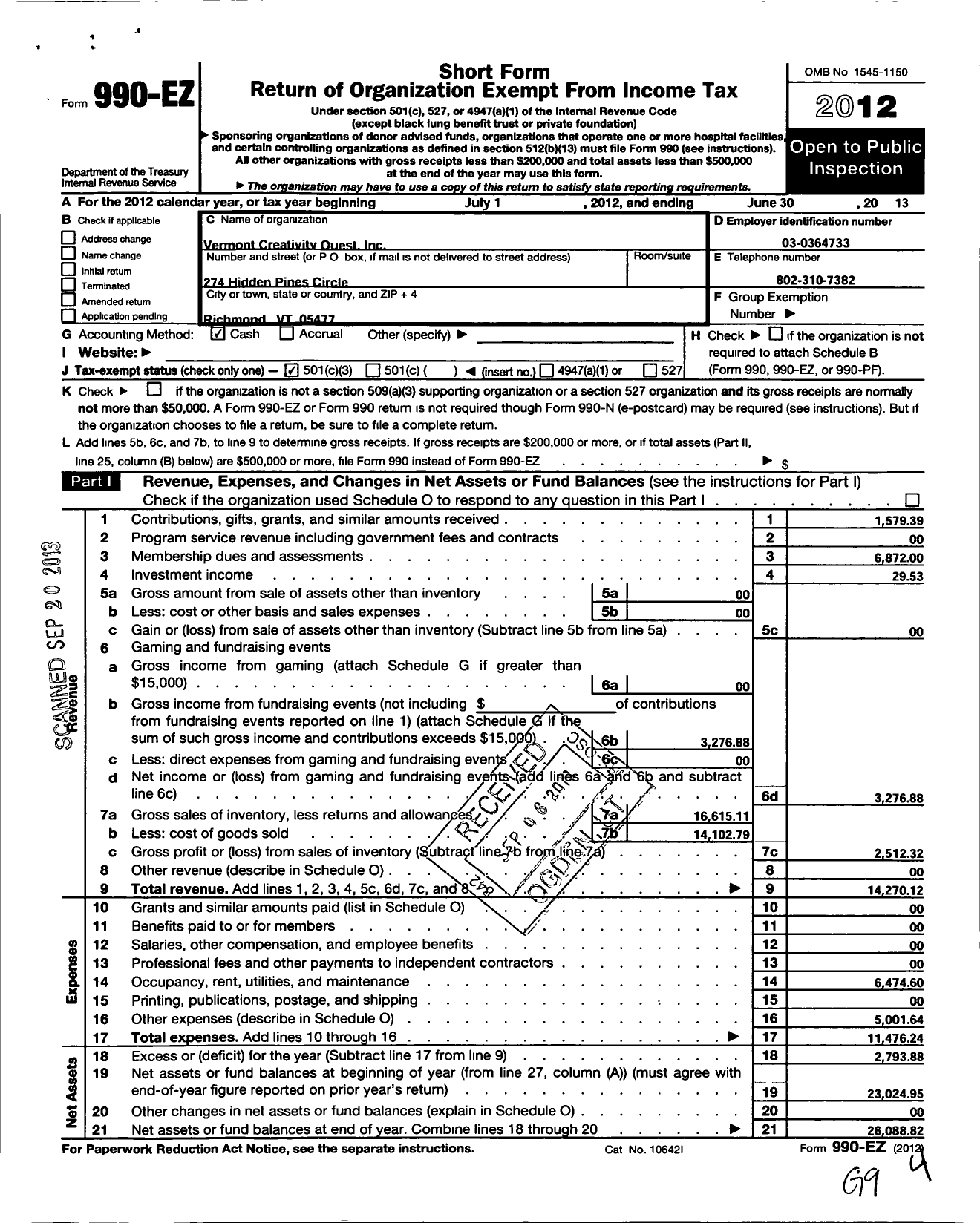 Image of first page of 2012 Form 990EZ for Creative Opportunities Unlimited / Vermont Creativity Quest Inc