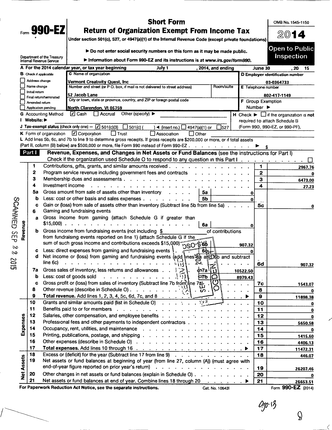 Image of first page of 2014 Form 990EZ for Creative Opportunities Unlimited / Vermont Creativity Quest Inc