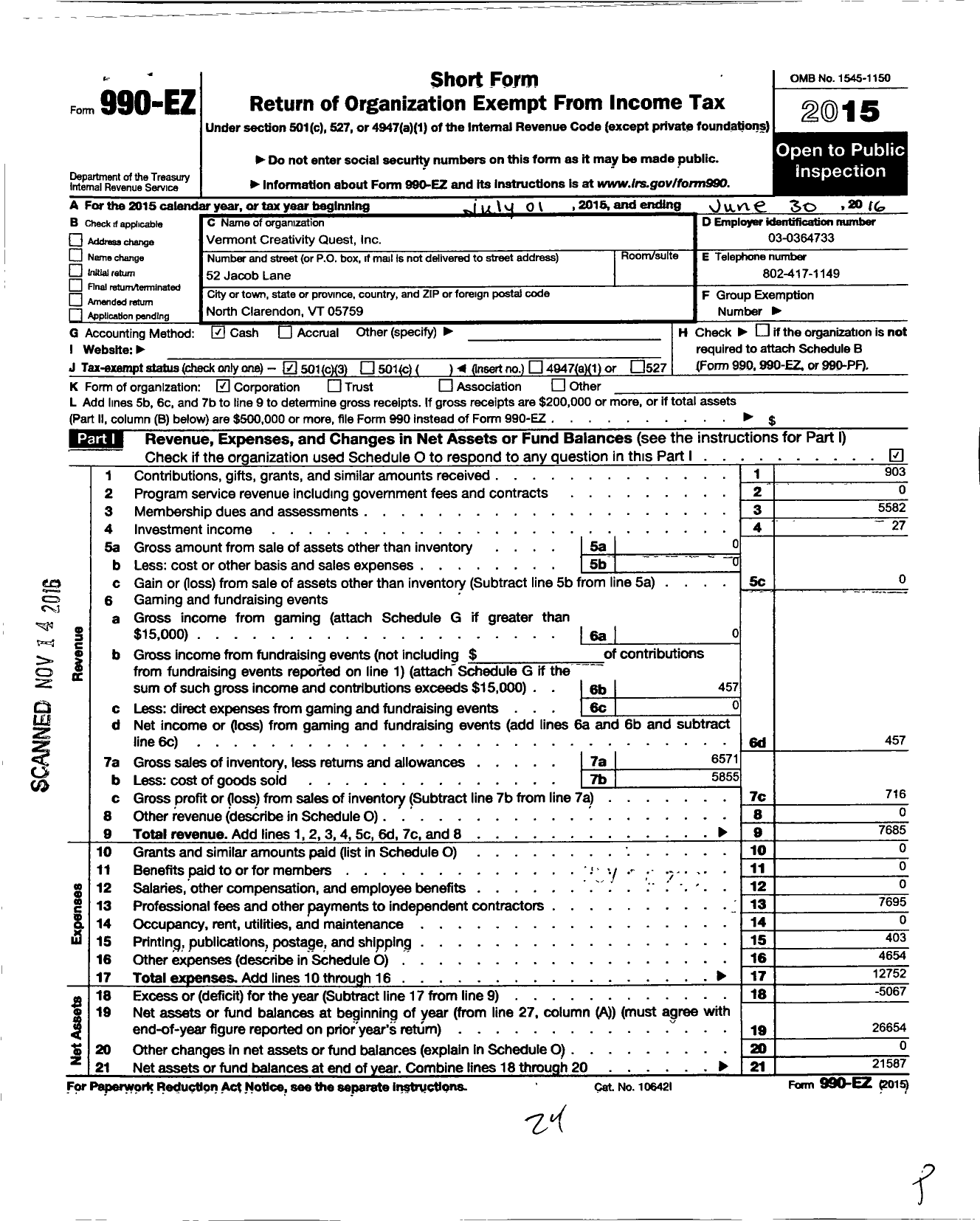 Image of first page of 2015 Form 990EZ for Creative Opportunities Unlimited / Vermont Creativity Quest Inc